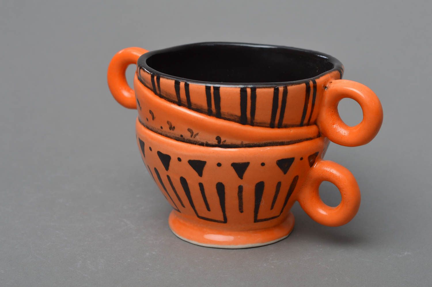  Orange porcelain cup with 3 three handles and Mayan patterns photo 1