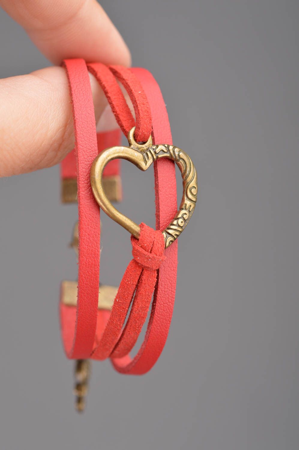 Beautiful women's handmade red leather bracelet with metal heart shaped charm  photo 2
