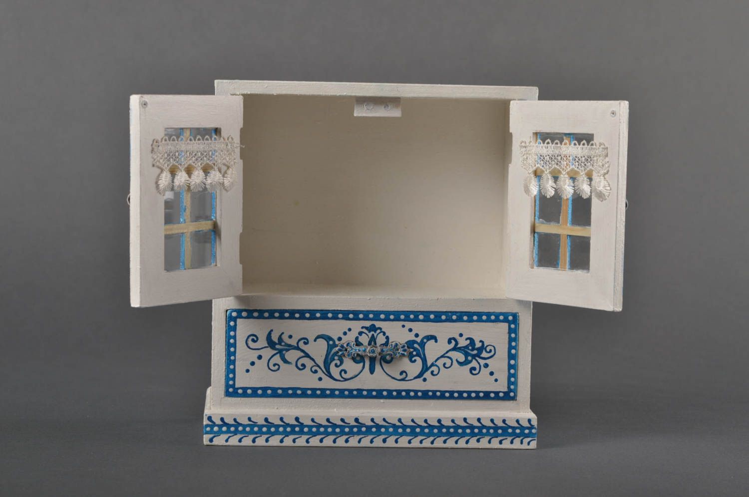 Commode miniature fait main Coffret à bijoux en bois bleu blanc Cadeau femme photo 1