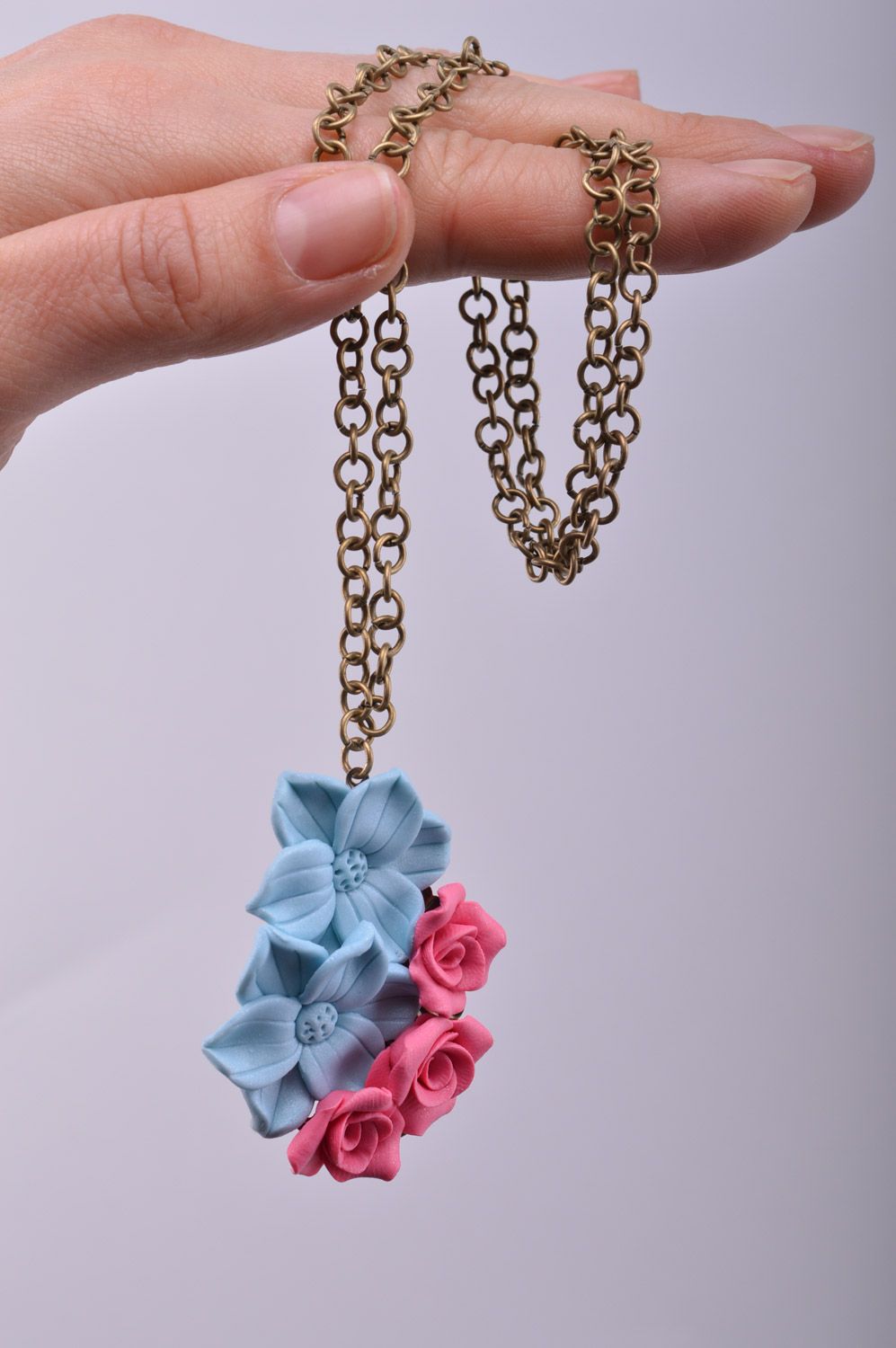 Homemade polymer clay flower neck pendant with metal chain photo 5