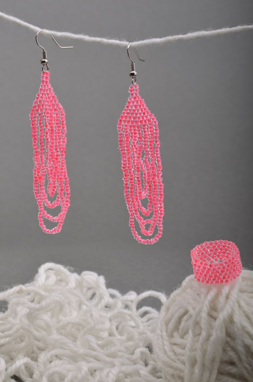 Handmade beaded jewelry set tender pink dangle earrings and ring for women photo 5