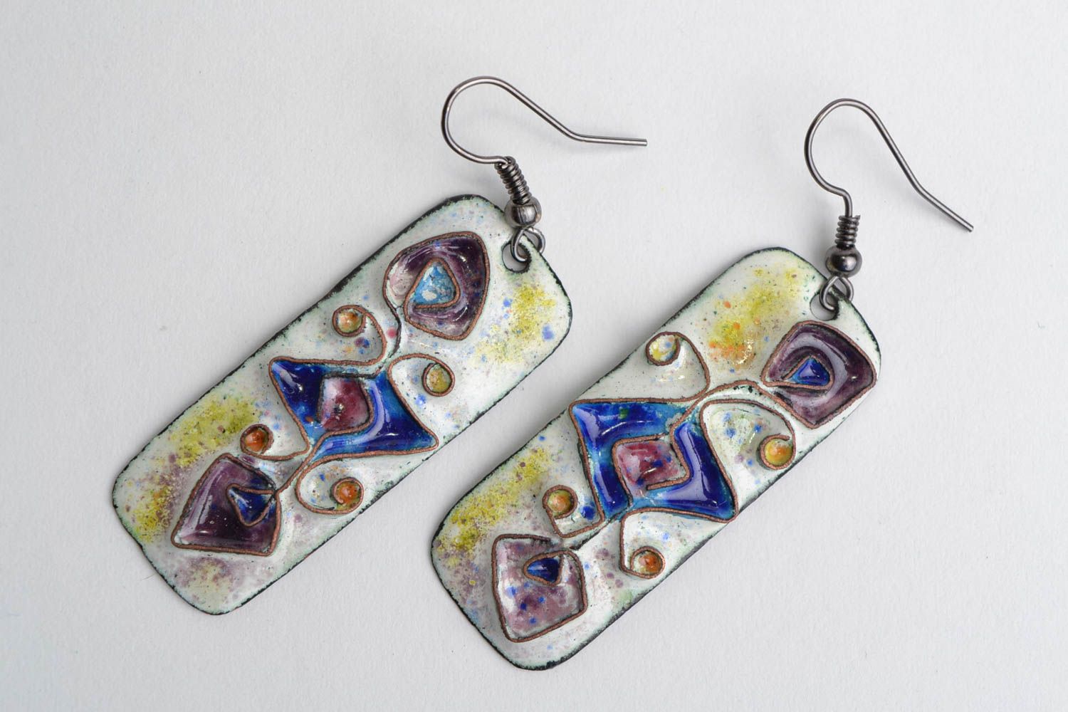 Handmade long rectangular copper earrings with enamel painting Violet Buds photo 1
