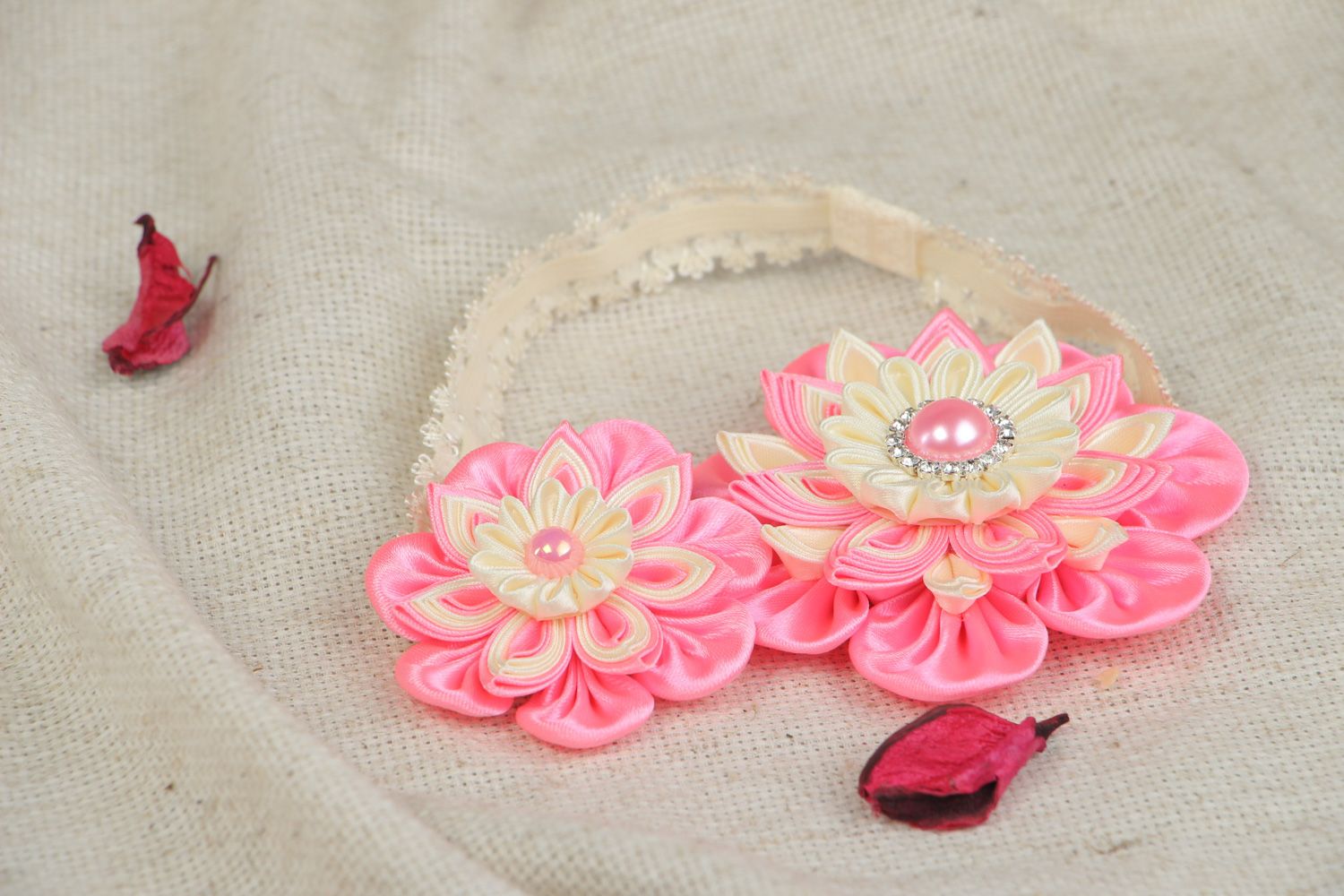 Handmade designer headband with satin ribbon flower in pink and cream colors photo 5