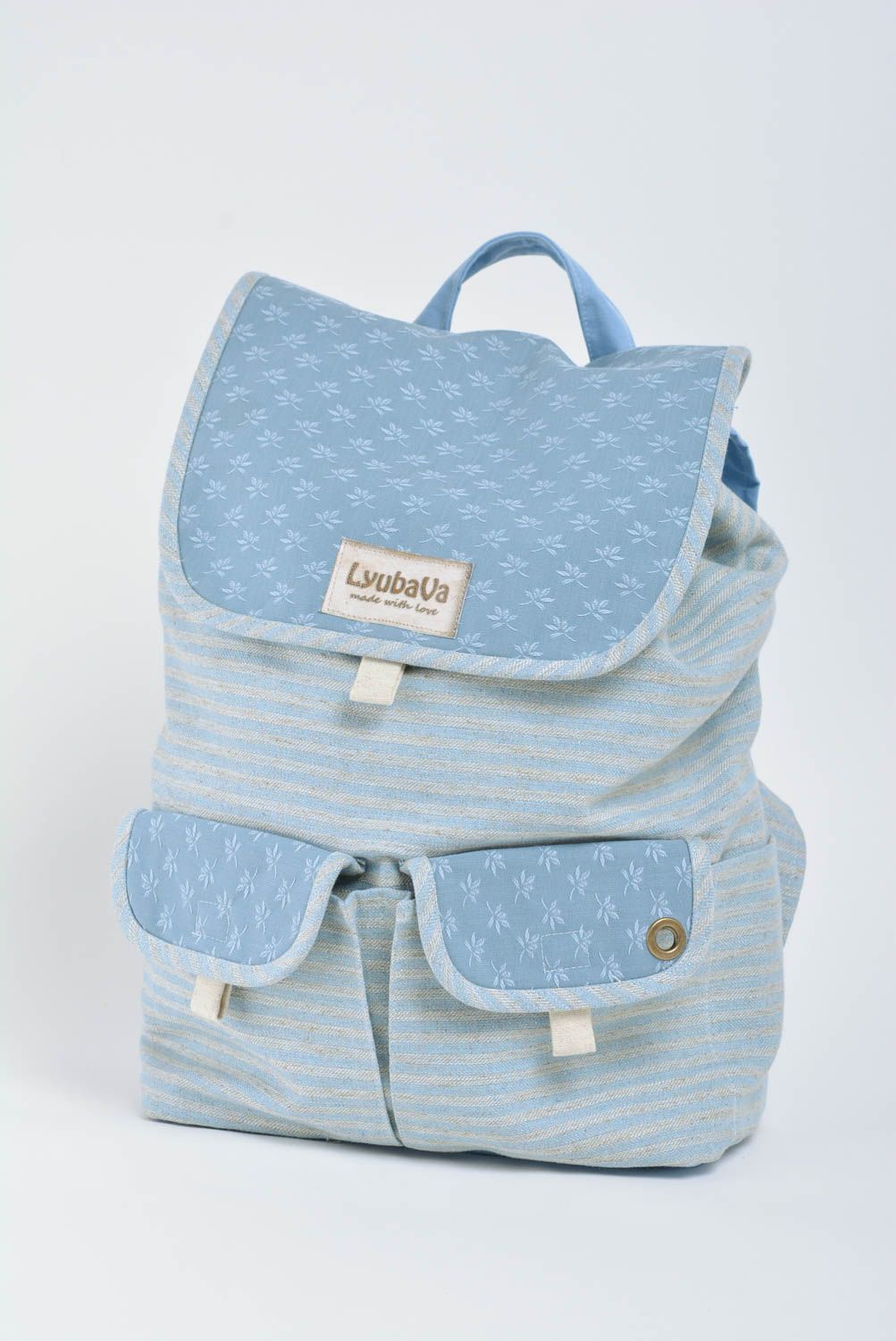Handmade designer backpack sewn of cotton fabric of blue color with two pockets photo 1