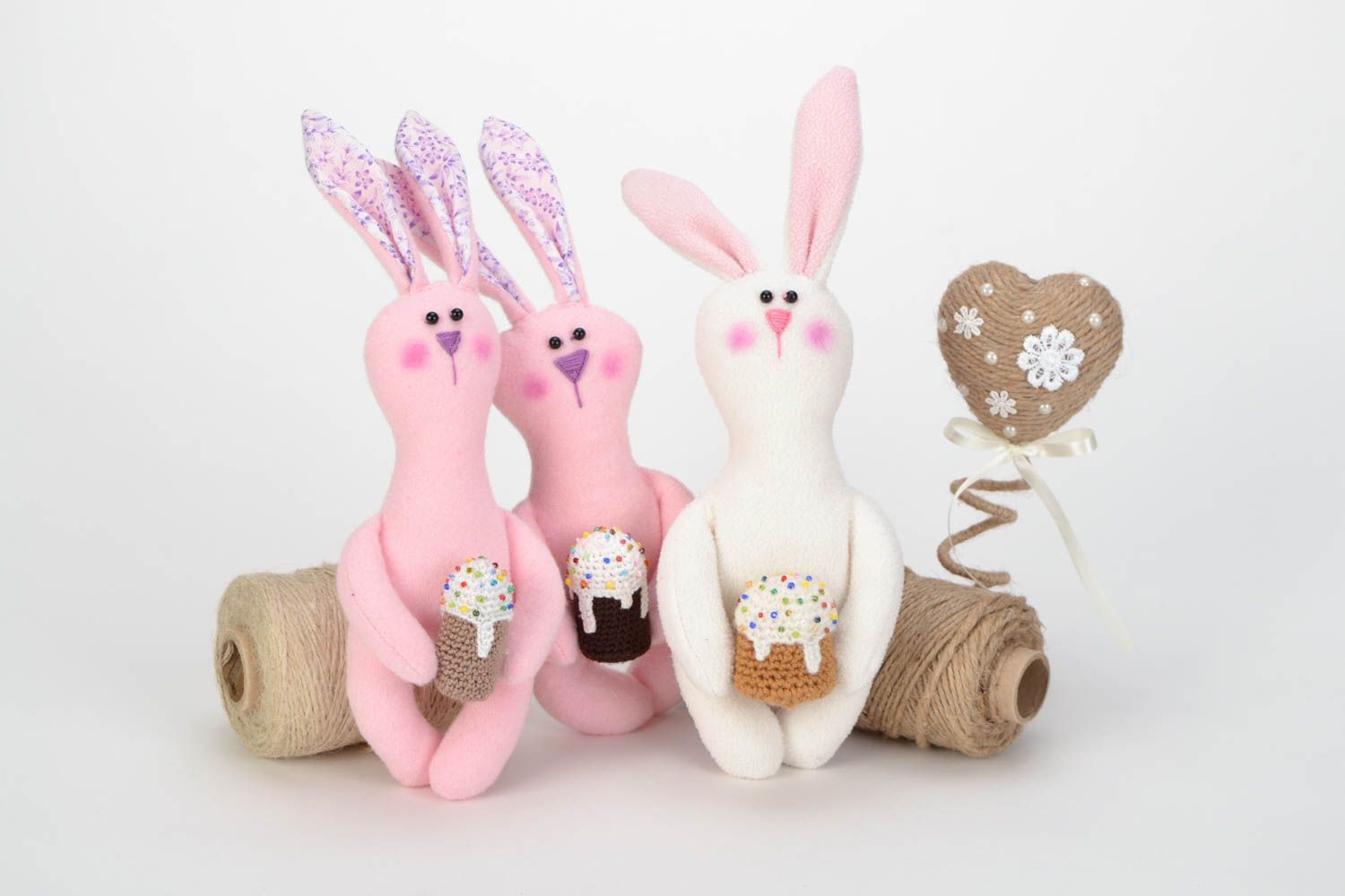 Set of handmade fabric soft toys 3 pieces nice hares with Easter cakes photo 1