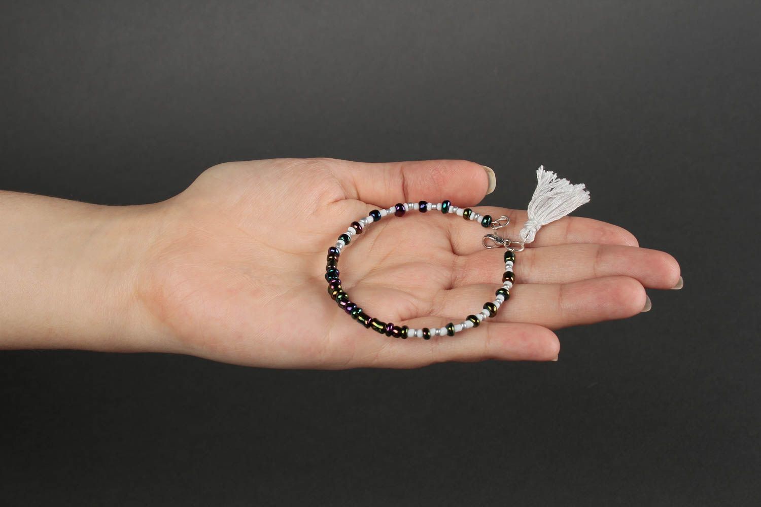Handmade small black and white beads adjustable bracelet for young girls photo 5