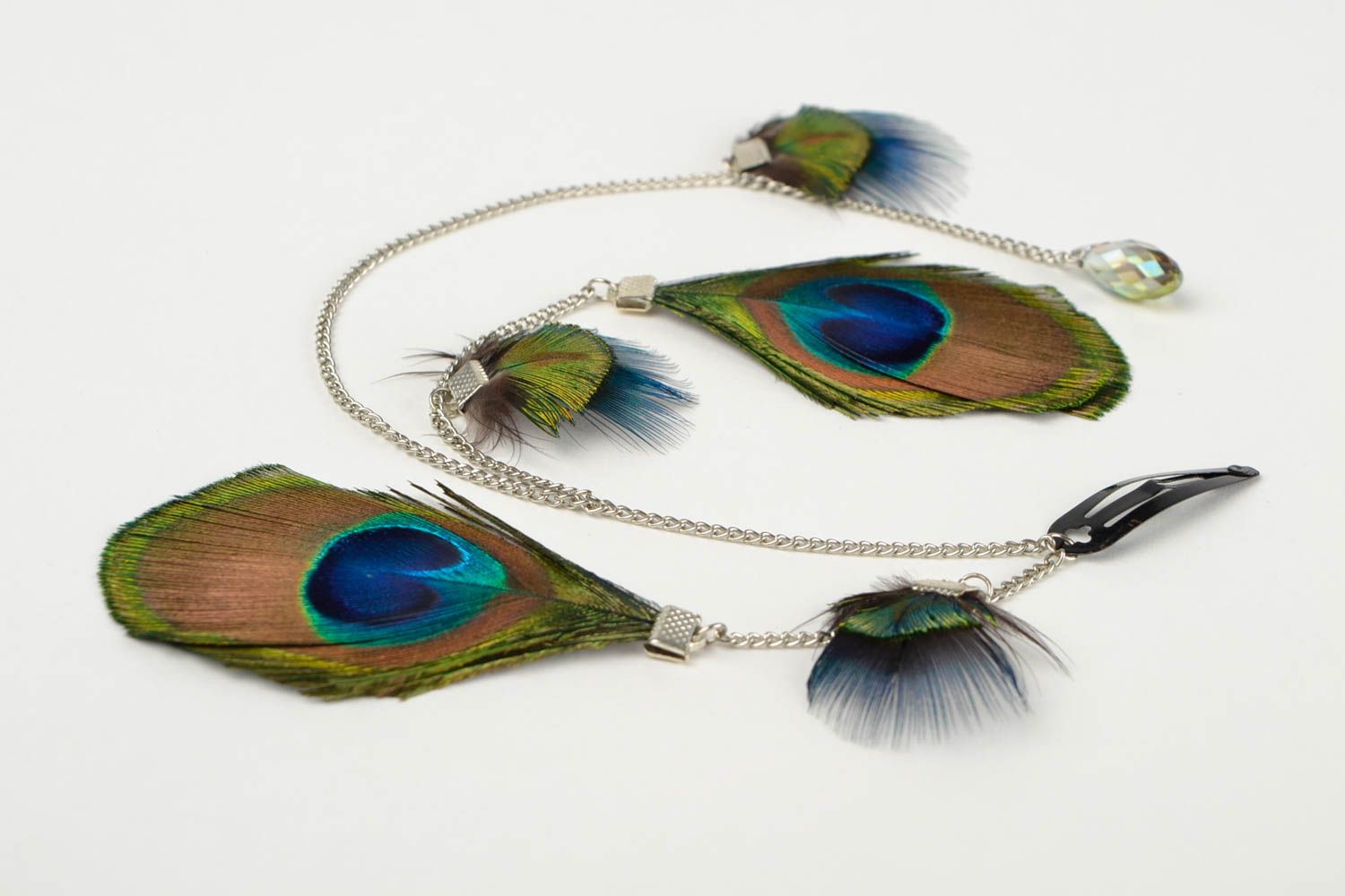 Gancho artesanal con plumas de pavo real adorno para el pelo regalo original foto 4