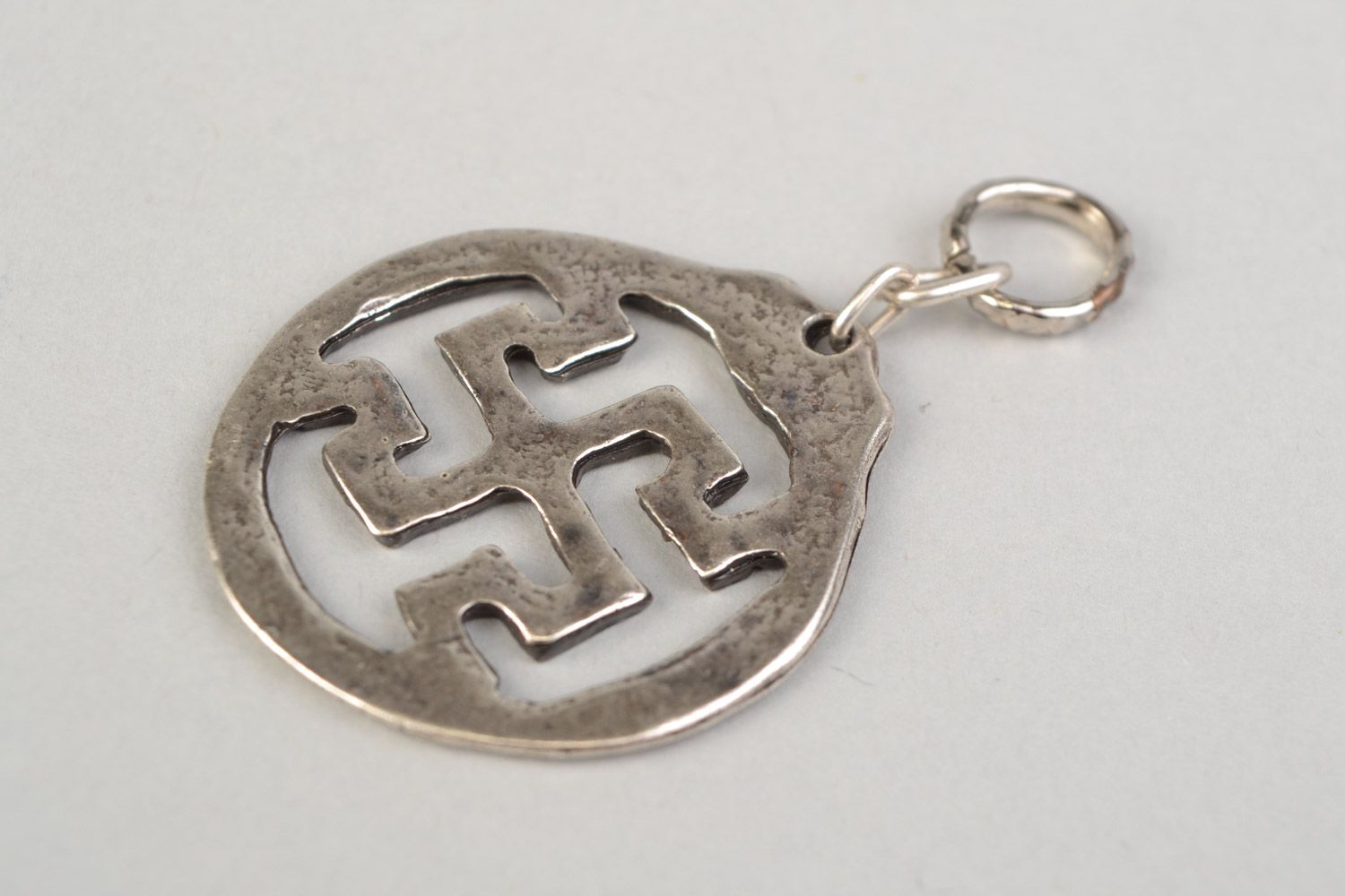 Handmade designer round metal pendant with Slavic symbol in ethnic style  photo 5