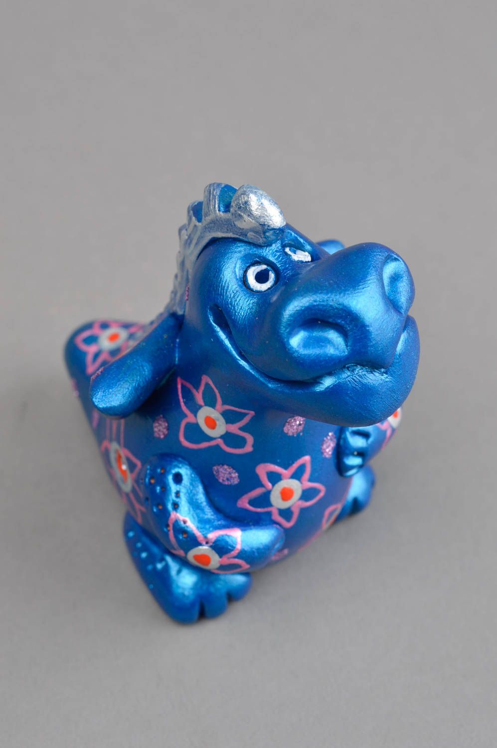 Sifflet jouet fait main Instrument de musique Figurine dragon bleu en argile photo 4