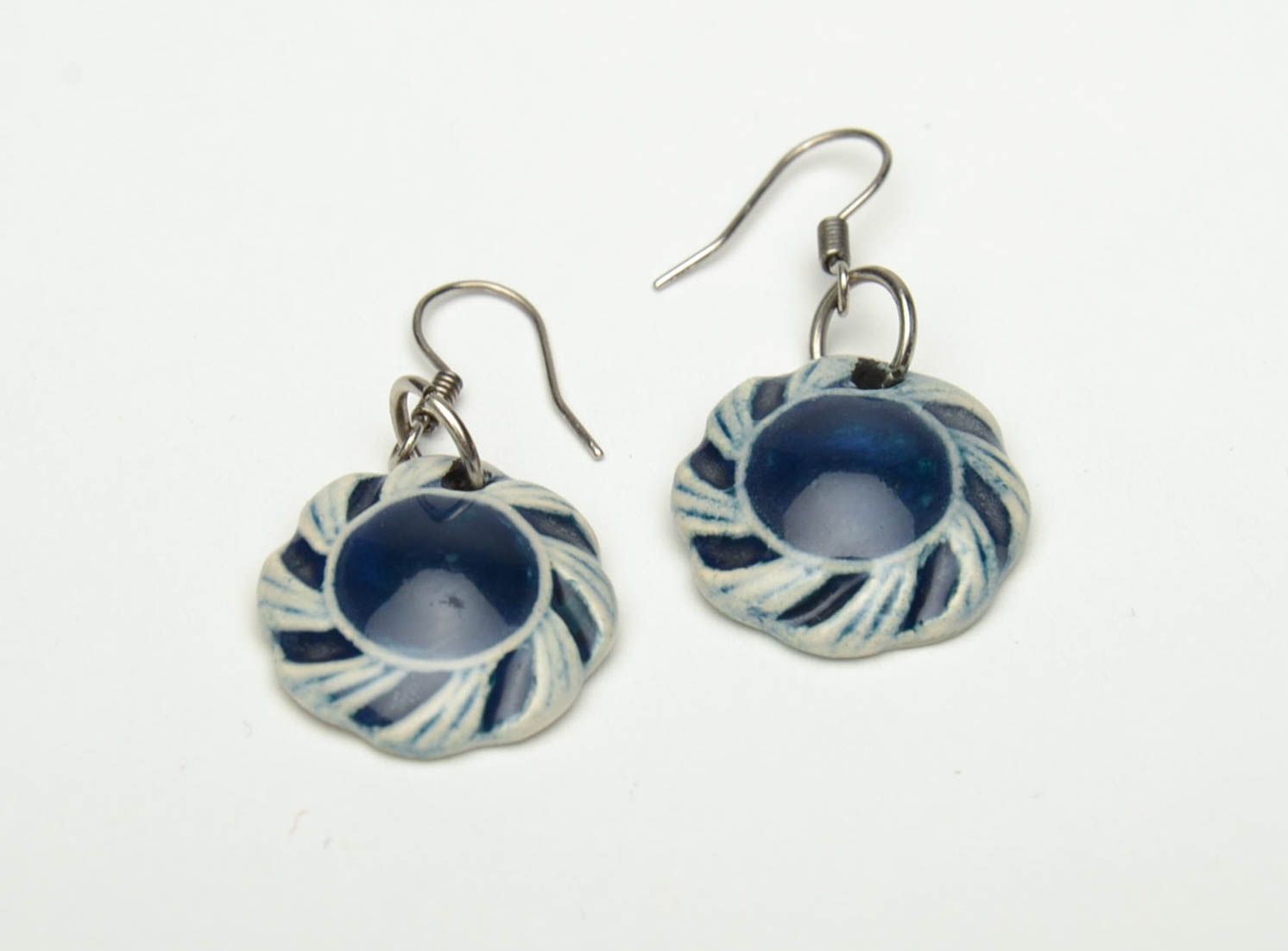 Handmade blue round clay earrings painted with color enamels photo 2
