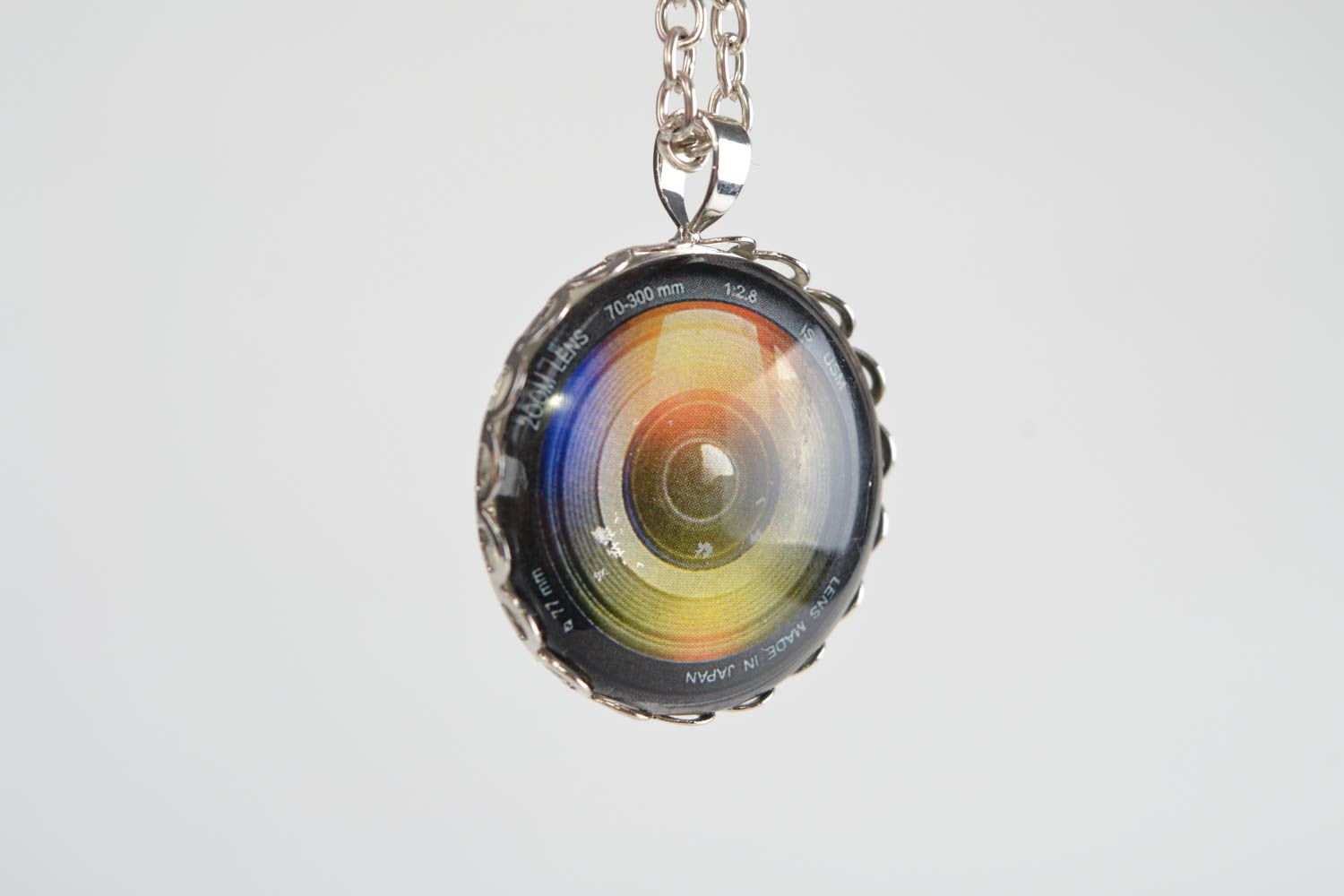 Beautiful handmade designer glass neck pendant on chain with the image of lens photo 4