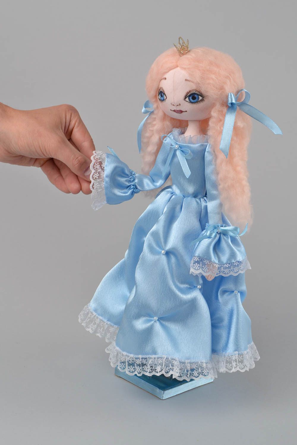 Handmade designer interior fabric soft doll Princess in blue satin dress photo 2