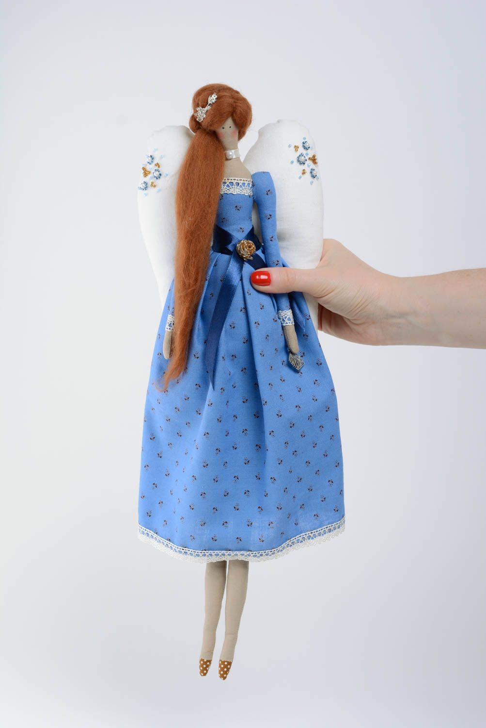 Тканевая игрушка из хлопка мягкая красивая детская ручной работы Ангел в платье фото 4