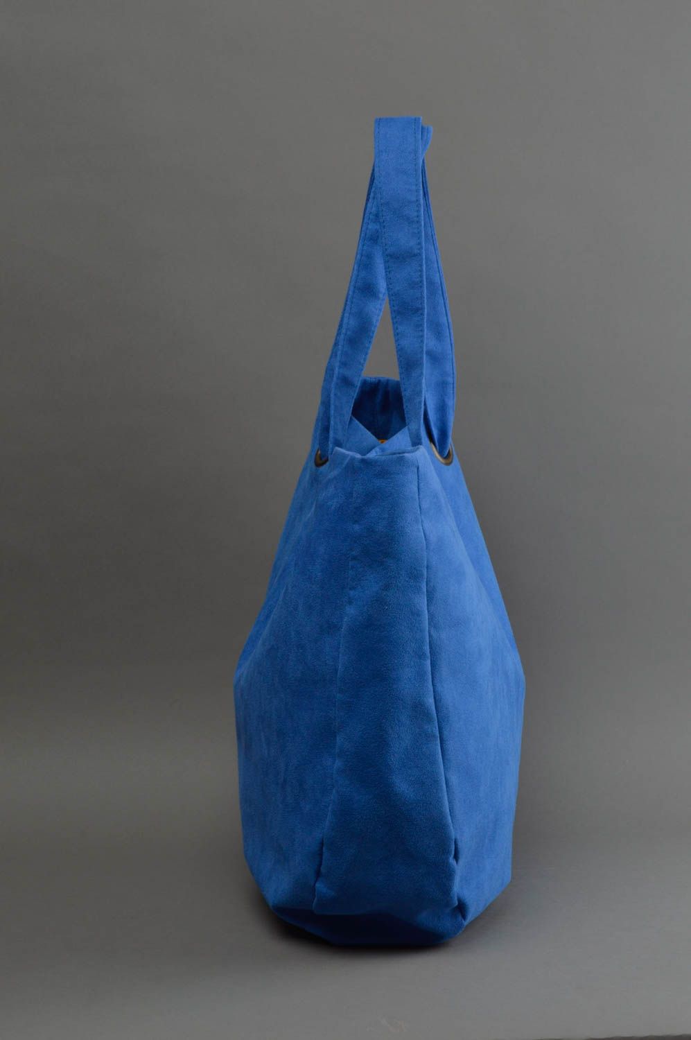 Grand sac à main bleu en daim artificiel fait main deux poignées design photo 2