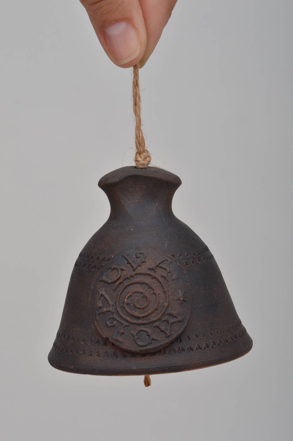 Handmade small dark brown ceramic bell with eyelet eco friendly decoration  photo 3