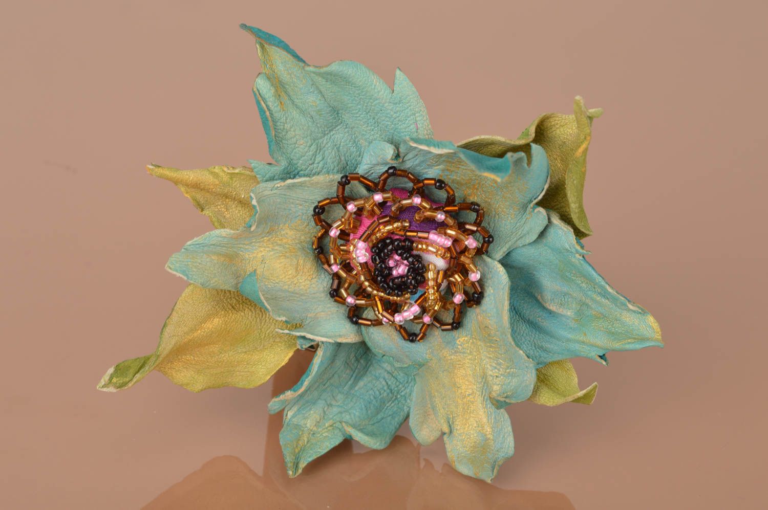 Handmade brooch hair clip with dark leather lily flower with seed beads photo 2