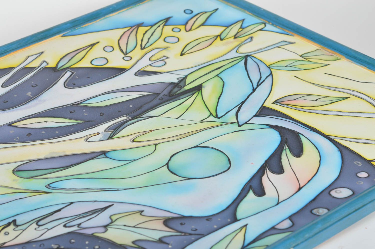 Handgemachtes abstraktes Batik Wandbild aus Naturstoff in blauen Farben  foto 5