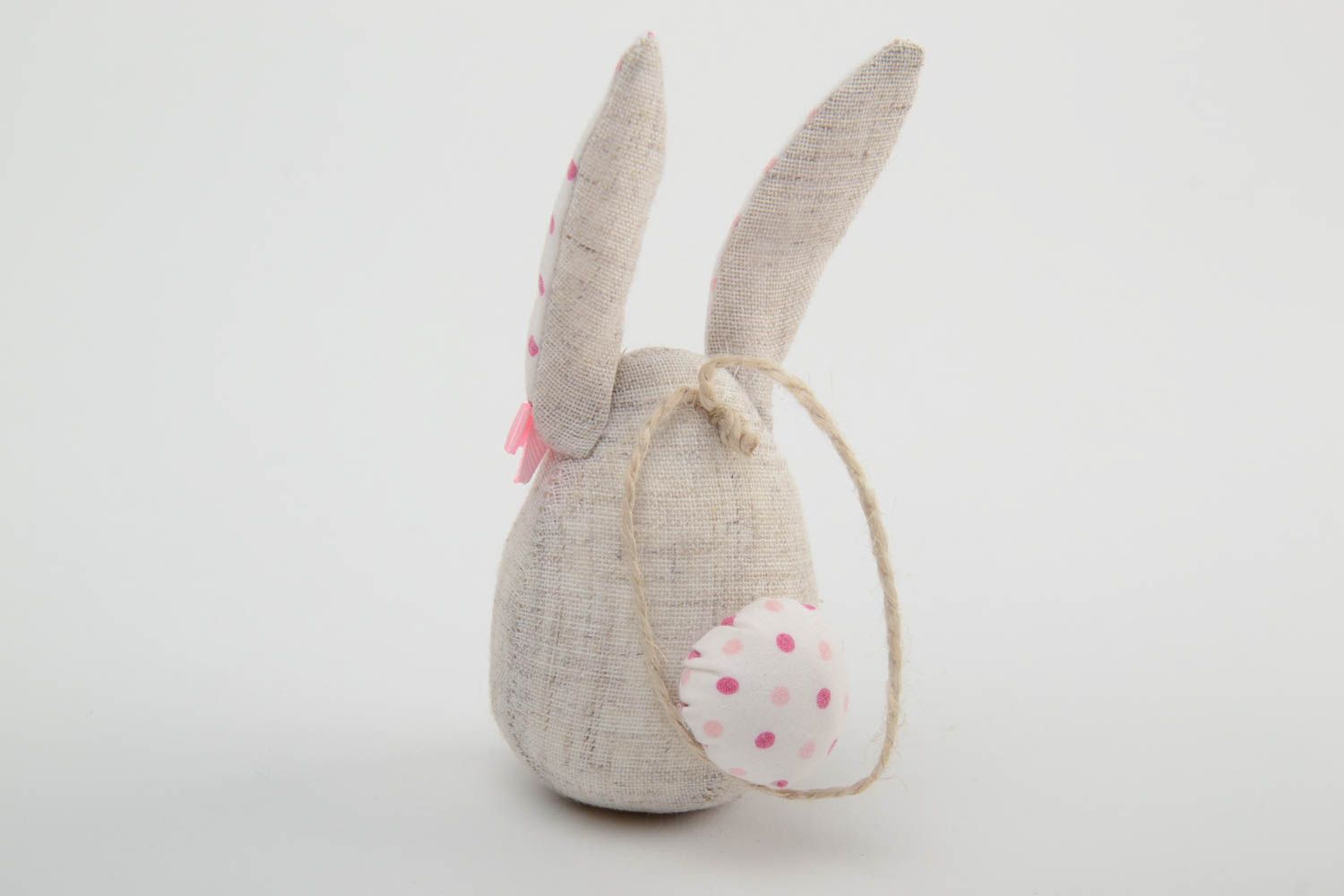 Small handmade wall hanging cotton fabric soft toy rabbit with pink bow  photo 3