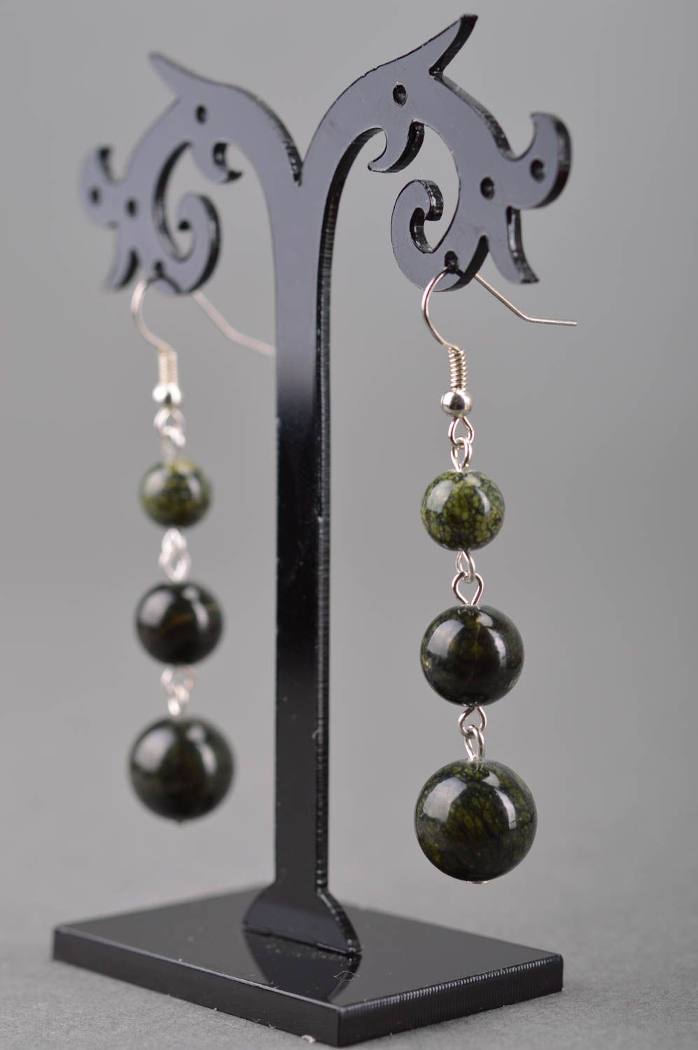 Handmade designer long dangle earrings with dark green glass beads for women photo 3