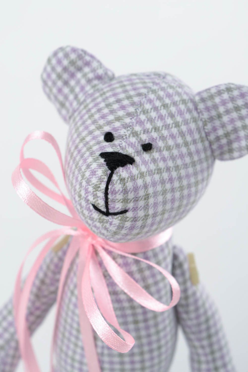 Jouet Ours en tissu de coton fait main à carreaux gris Cadeau pour enfant photo 3
