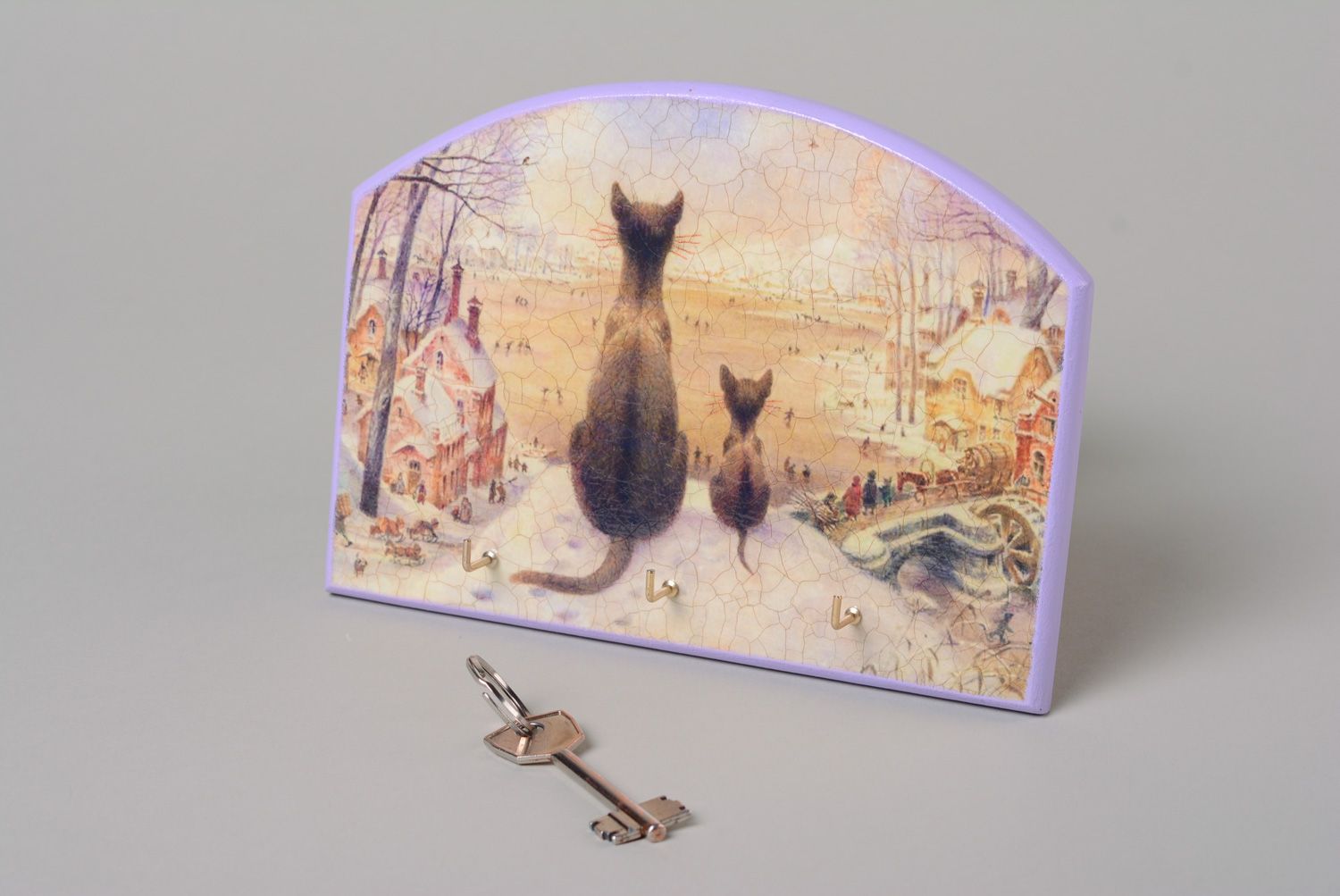 Handmade decoupage plywood key holder with cats photo 1