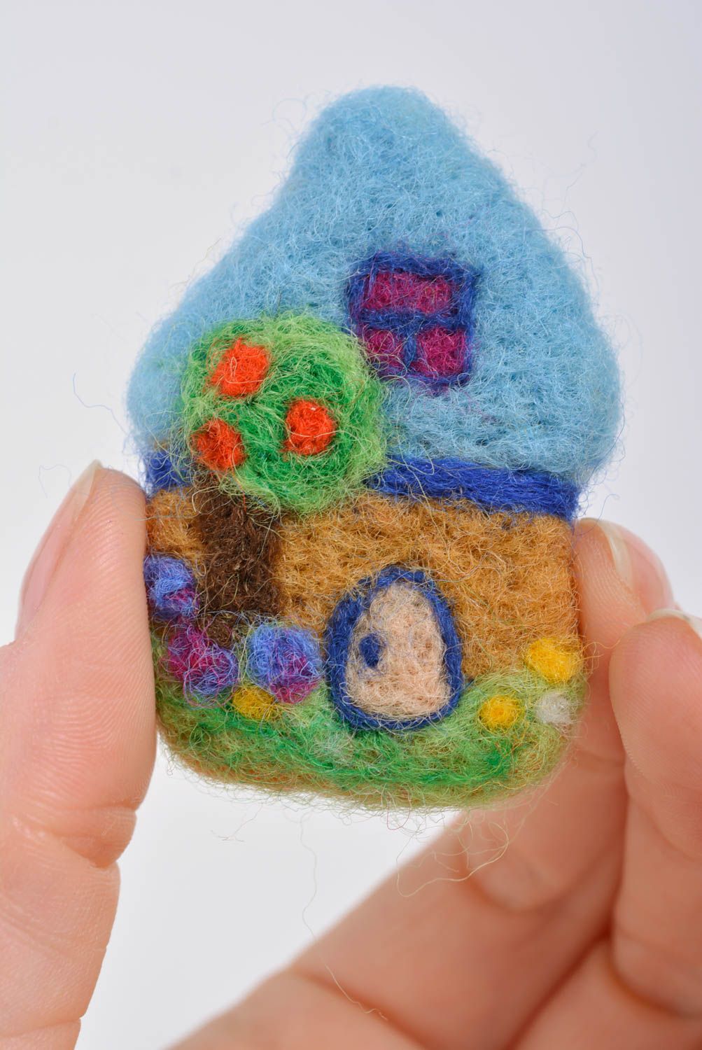 Handmade designer brooch felted of natural wool in the shape of colorful house photo 4