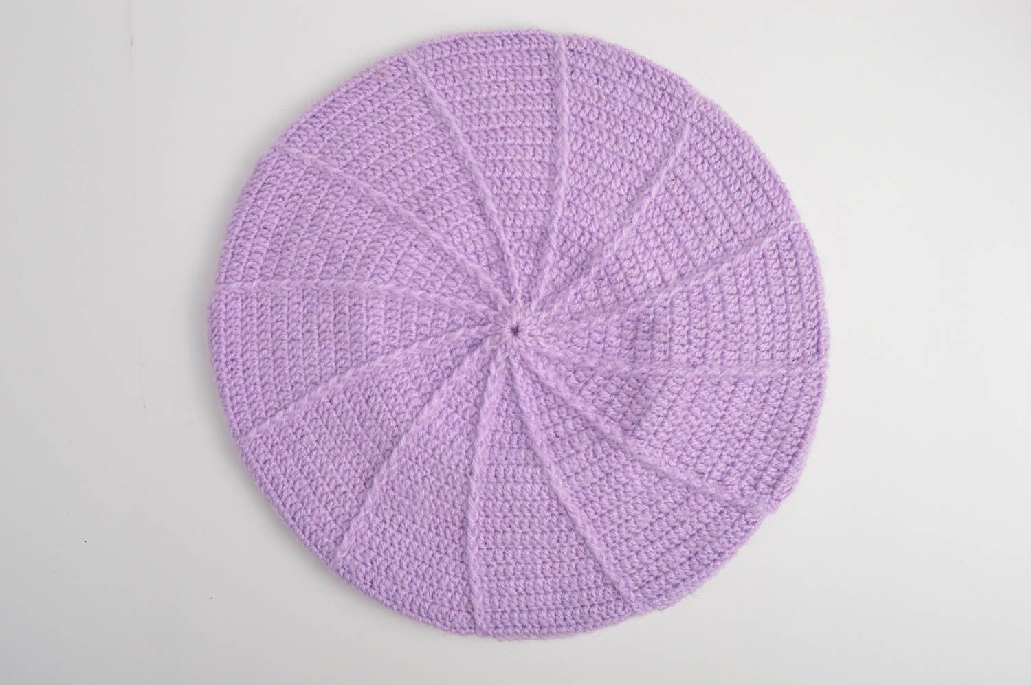 Crocheted handmade beret stylish lilac cap for girls unusual winter cap photo 3