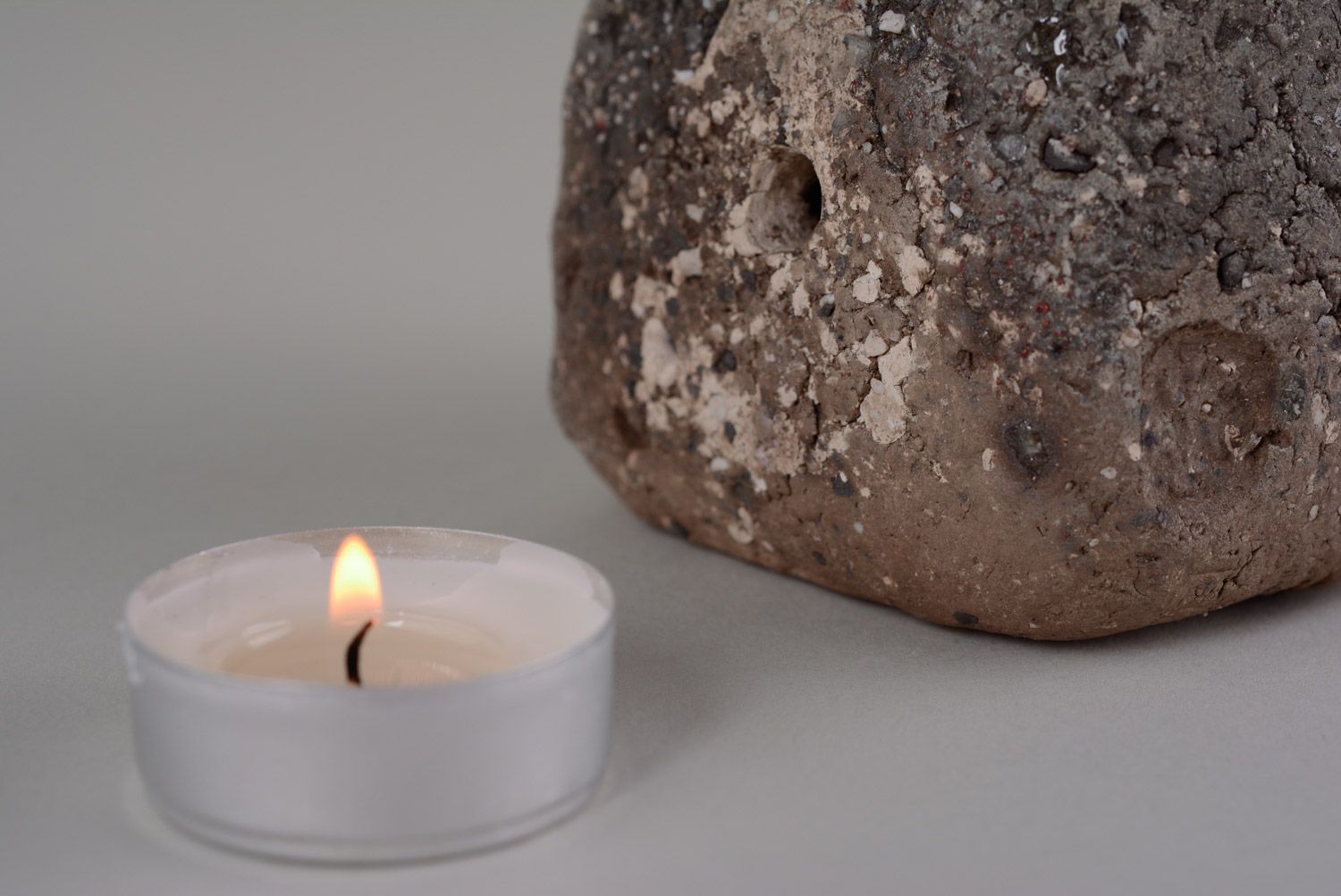 Unusual small handmade clay candle holder in the shape of stone photo 5
