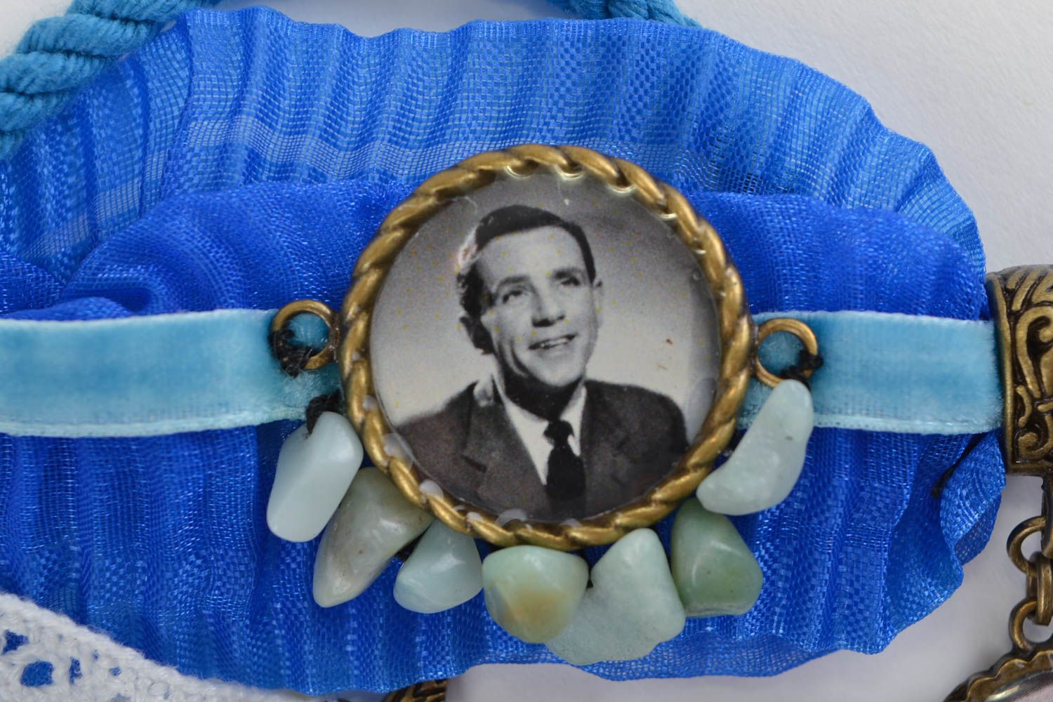 Синий браслет из лент и кружева ручной работы оригинальный красивый стильный фото 4