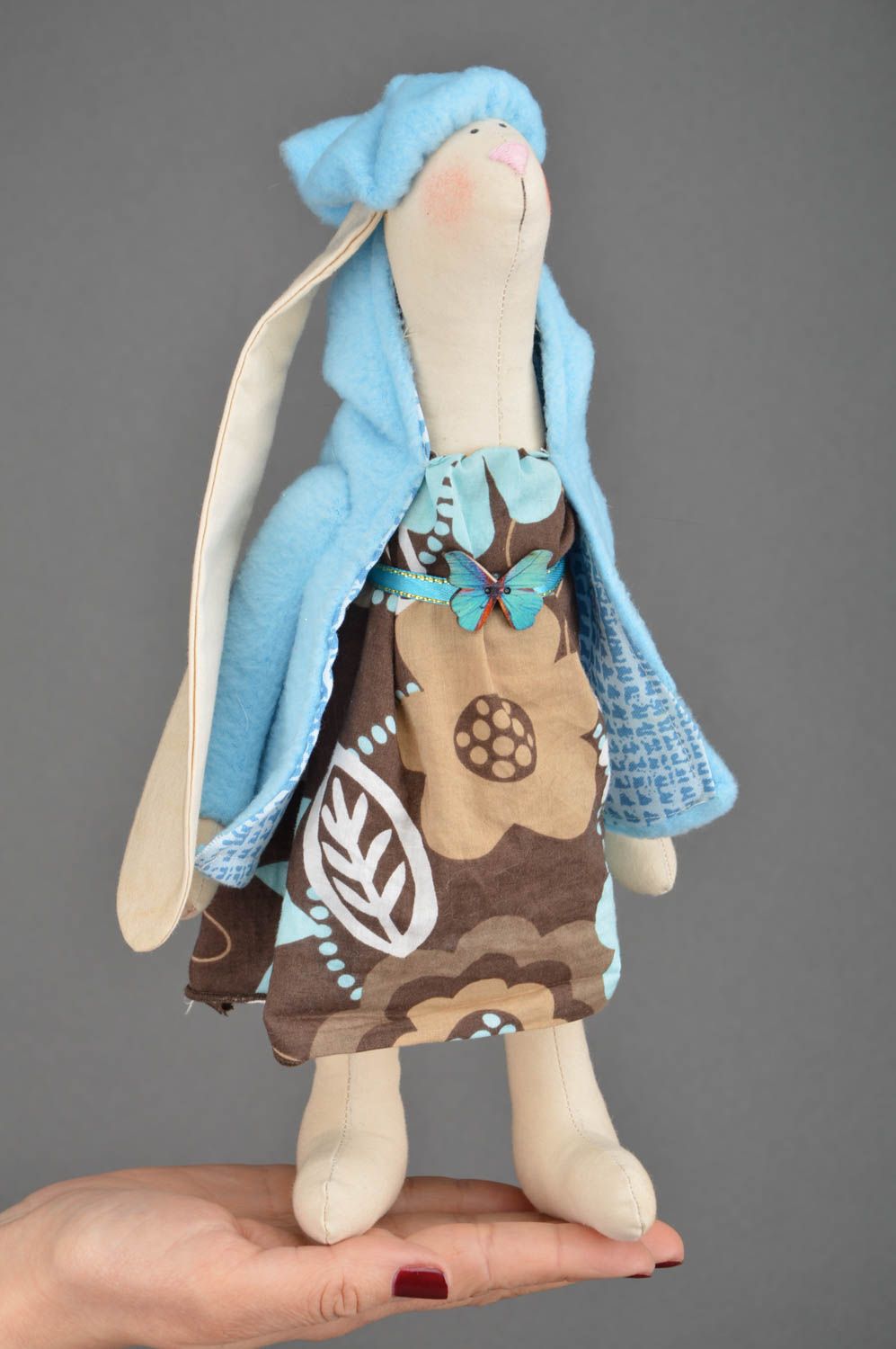 Beautiful handmade children's fabric soft toy hare in blue attire photo 3
