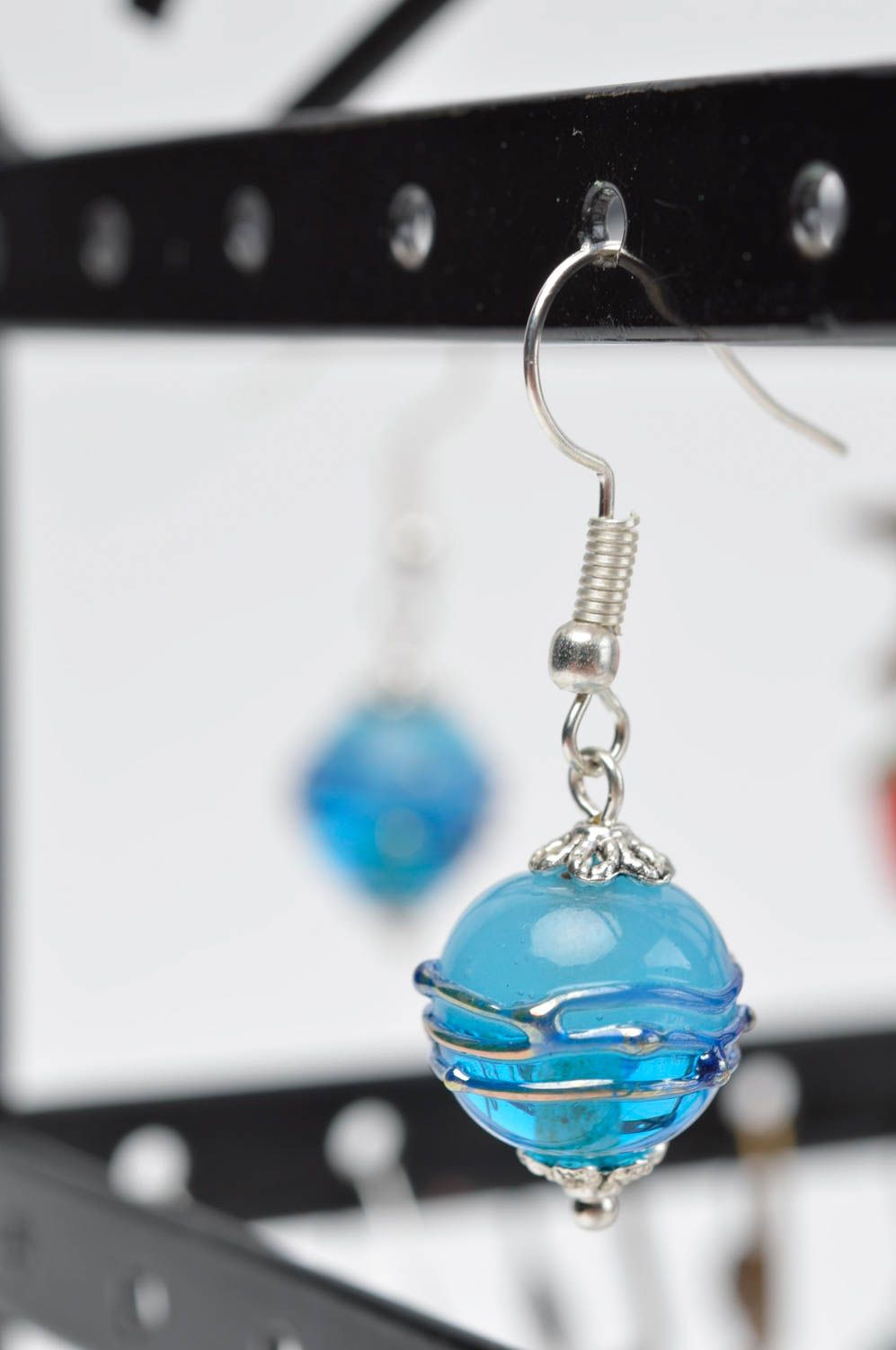 Handmade Accessoire für Frauen Damen Schmuck Glas Ohrringe blaue Kugeln modisch foto 1