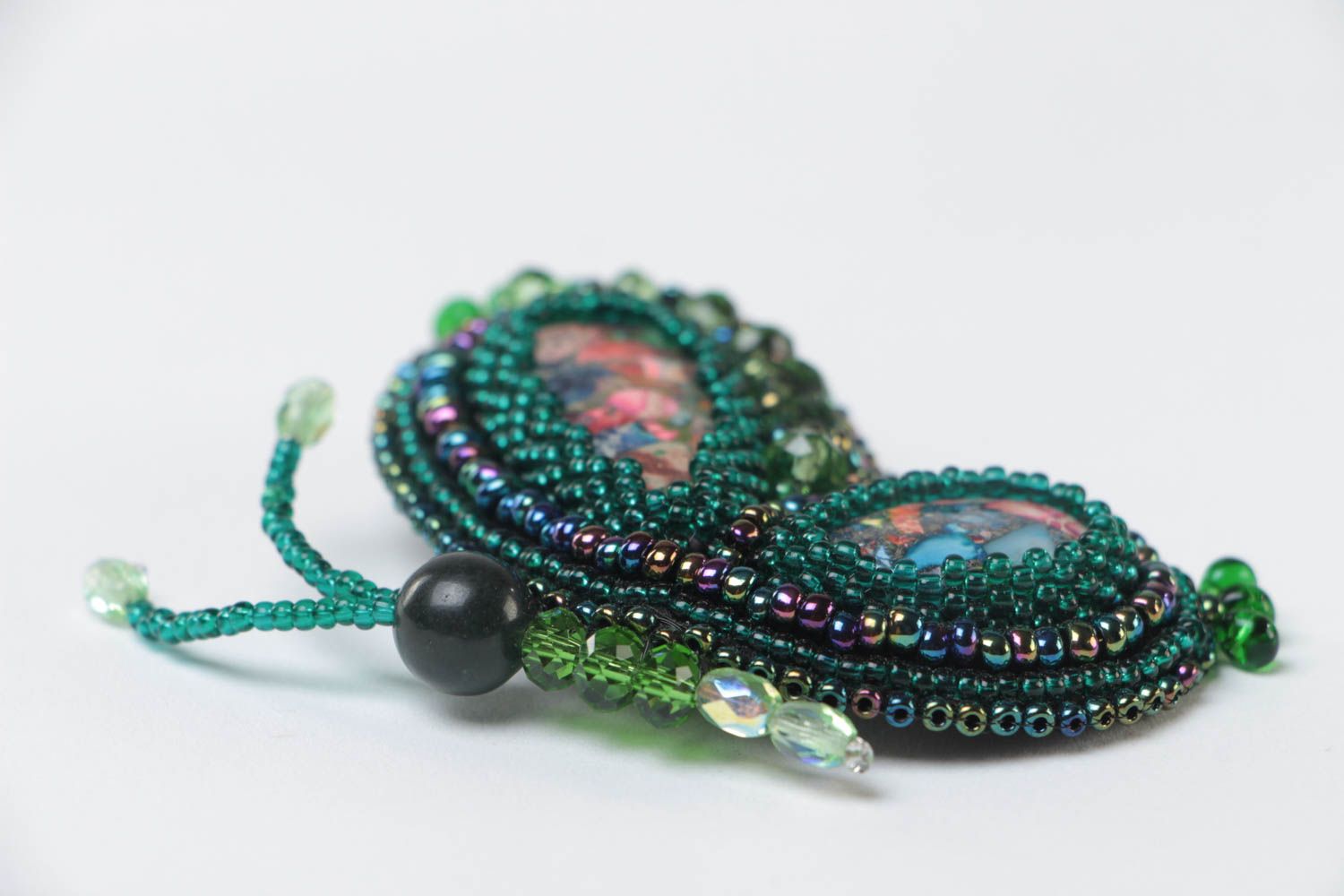 Beautiful handmade women's brooch with bead embroidery and natural stones photo 3
