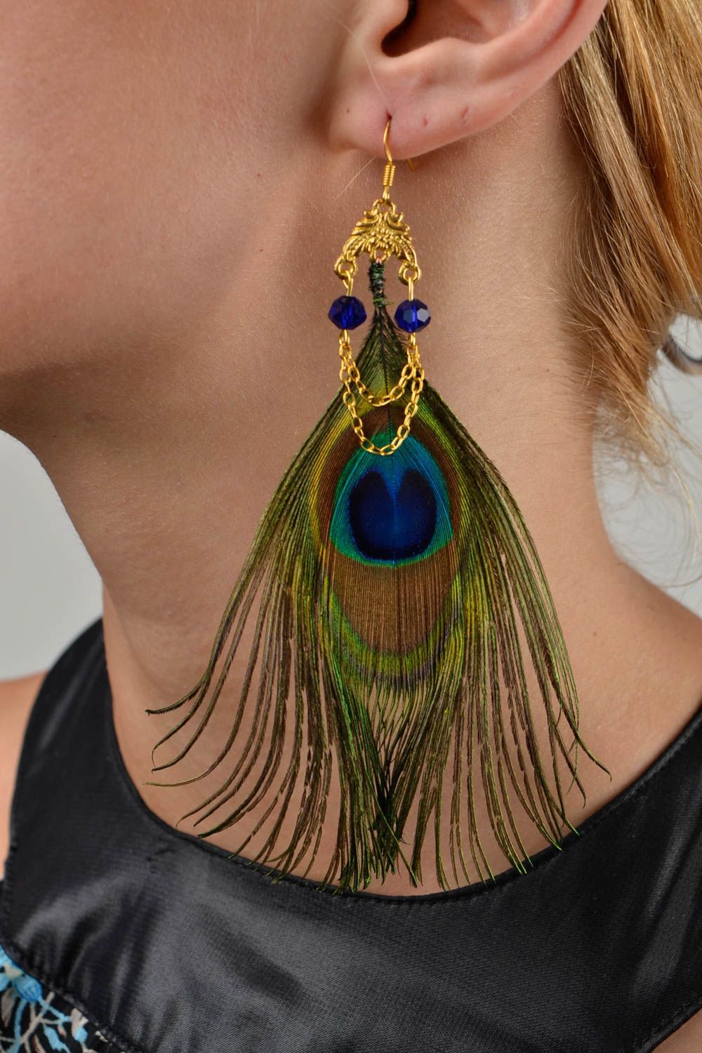 Handmade peacock feather earrings stylish bijouterie unique present for woman photo 2