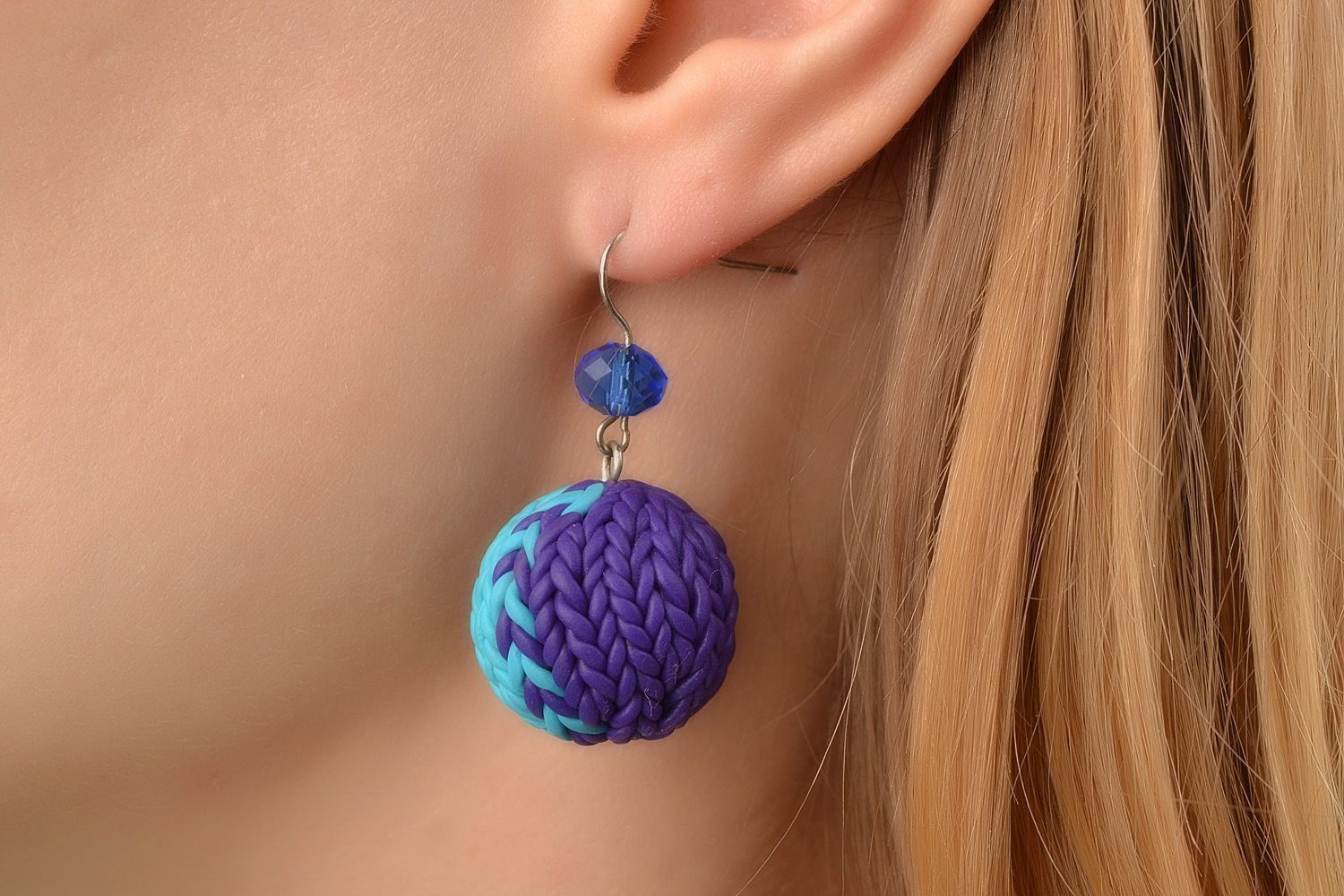 Handmade polymer clay earrings with dangling balls of blue and lilac colors photo 2