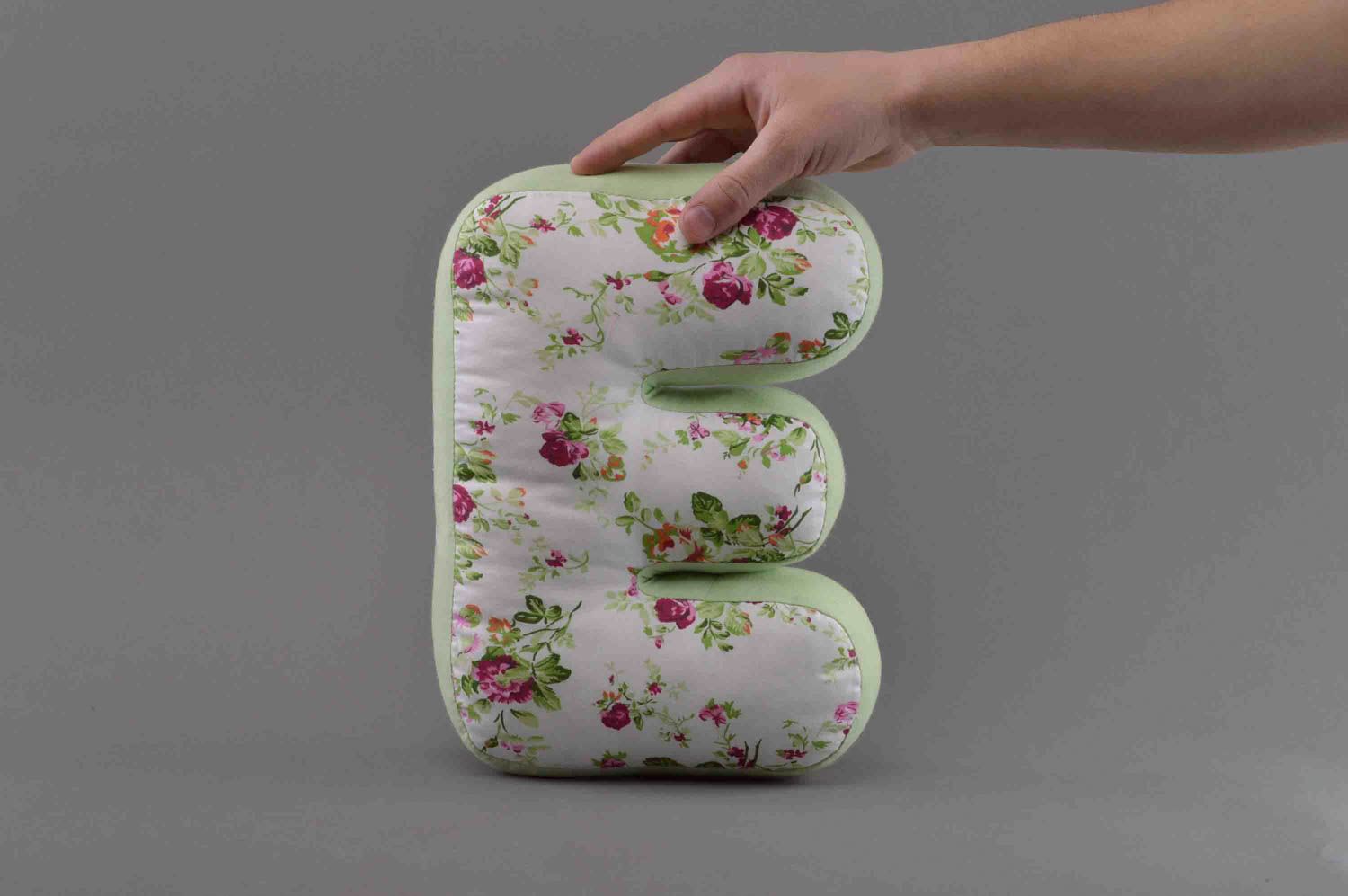 Handmade designer fabric educational soft toy E green with floral pattern photo 4
