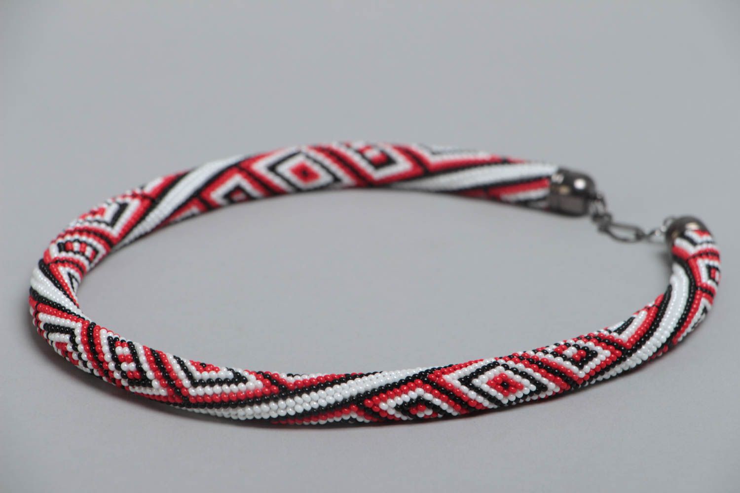 Handmade designer beaded cord necklace with ornament of vyshyvanka style photo 3