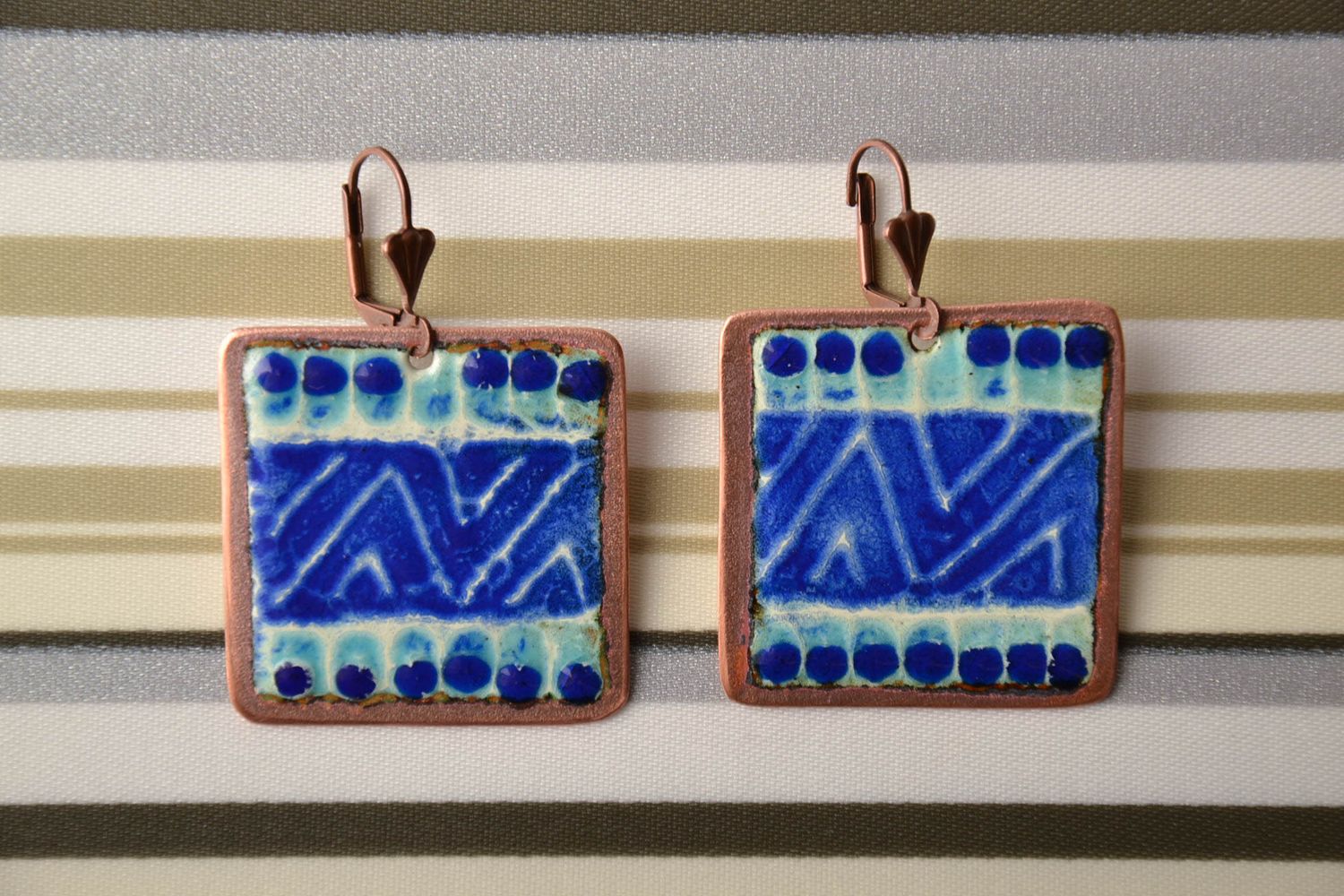 Square copper earrings of blue color photo 1