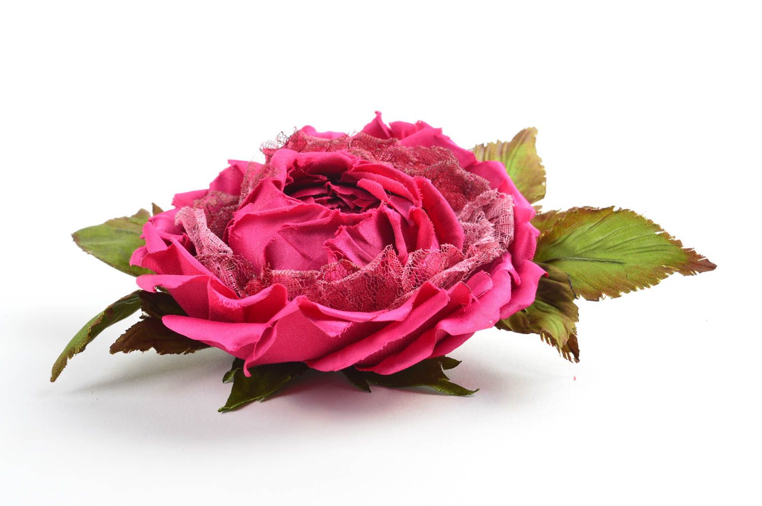 Брошь из шелка хэнд мэйд брошь-заколка пурпурная роза авторская бижутерия фото 3