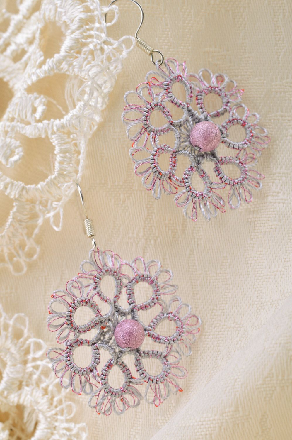 Handmade lacy tatting earrings woven of white satin threads photo 5