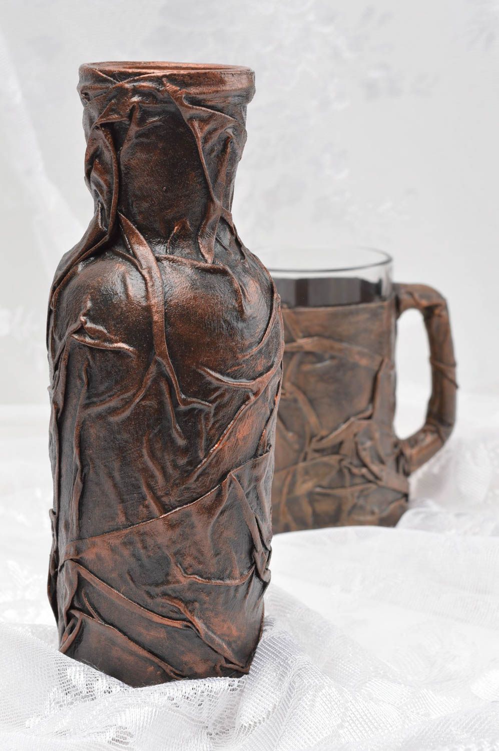 Стеклянная ваза ручной работы настольный декор стеклянная кружка с тканью фото 2