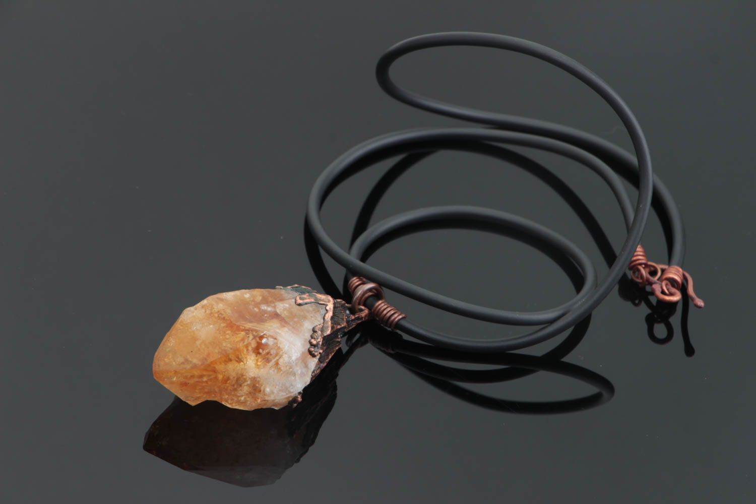 Handmade designer copper pendant necklace with citrine crystal on rubber cord photo 1