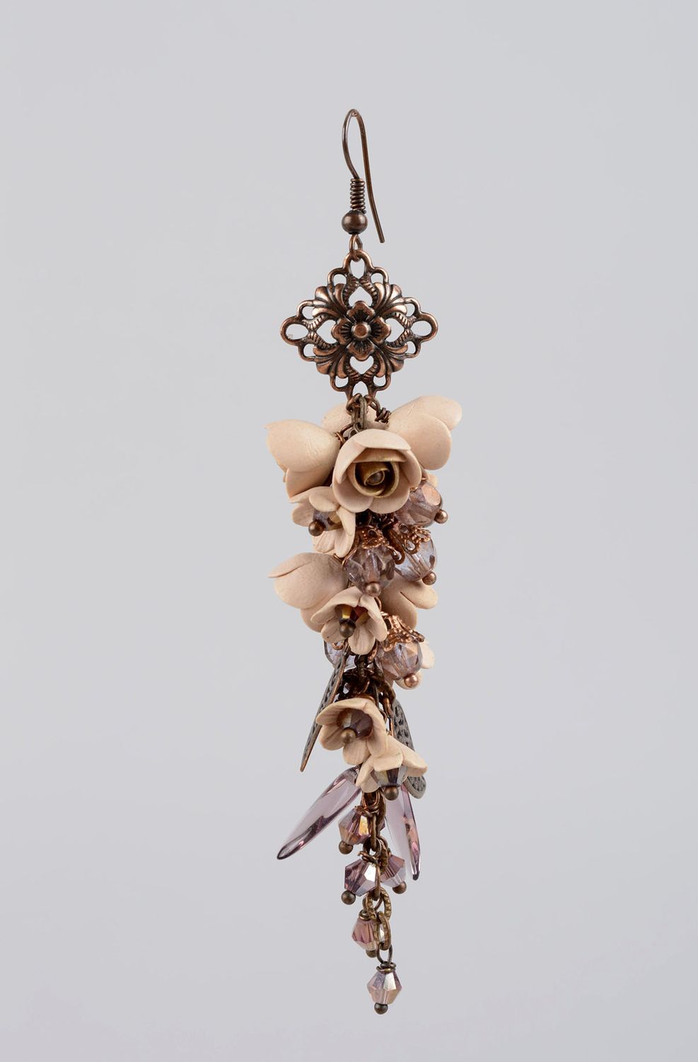 Handmade lange Blumen Ohrringe beige Polymer Schmuck Accessoire für Frauen foto 2