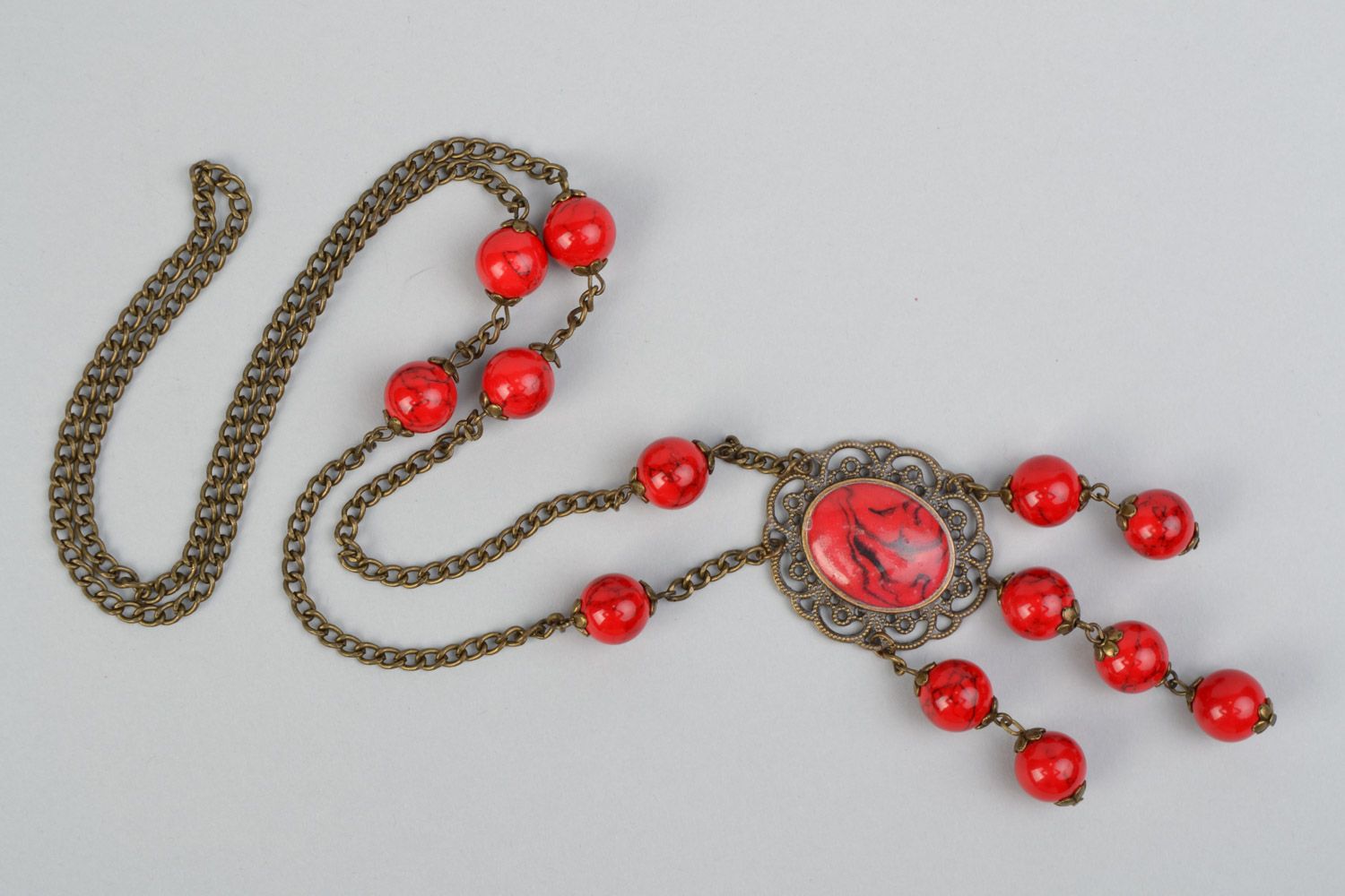 Handmade long red necklace with howlite and polymer clay cabochon on long chain photo 2
