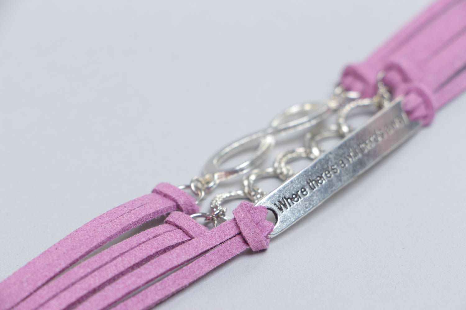 Handmade designer pink artificial suede cord bracelet with charms photo 4