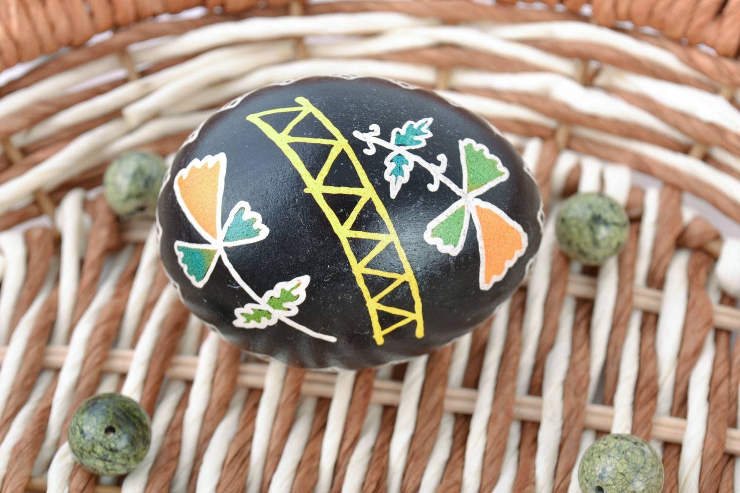 Beautiful handmade painted black chicken Easter egg with floral motives for home decor photo 1