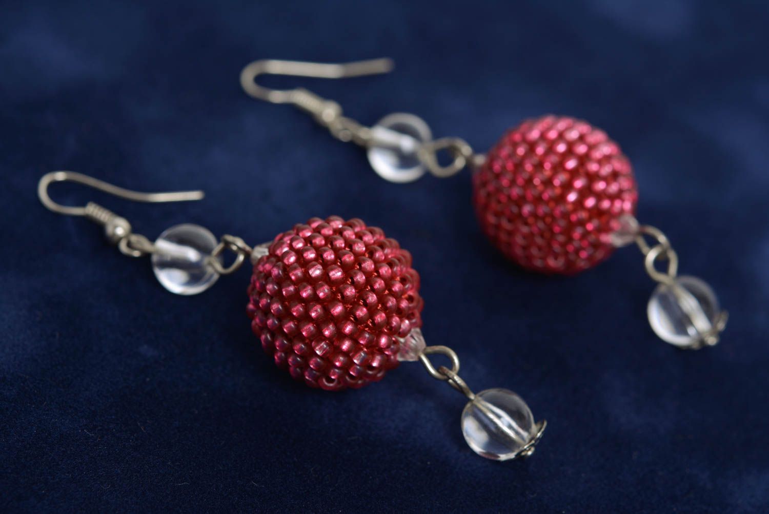 Unusual beautiful handmade designer beaded ball earrings of red color photo 3
