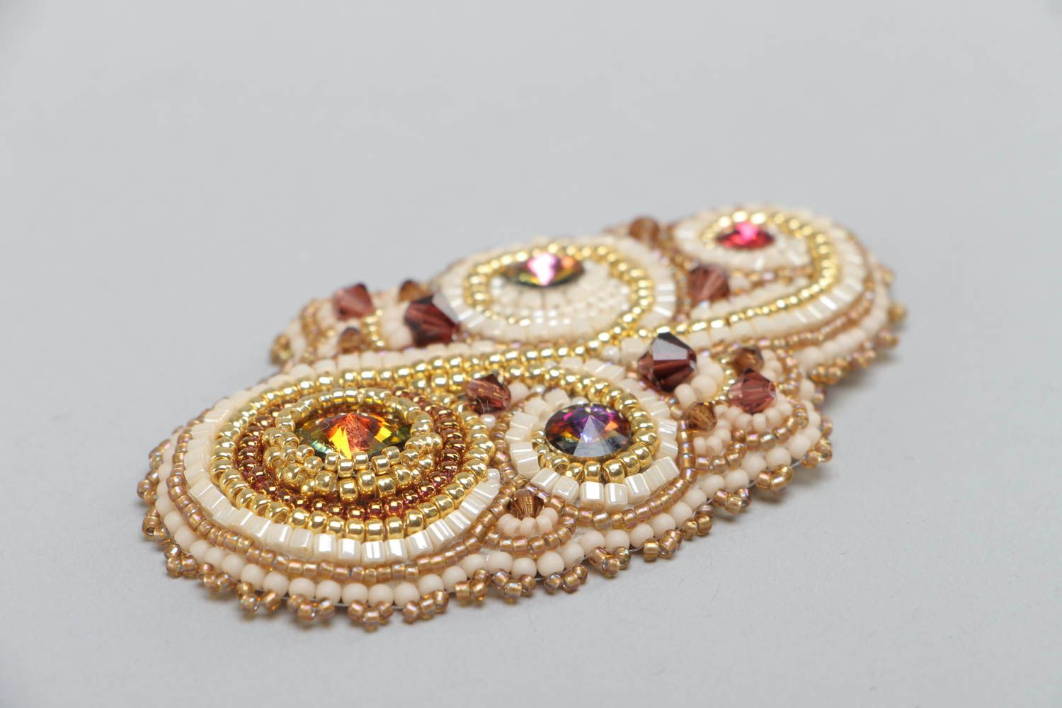 Handmade brooch embroidered with beads and crystals in golden color palette photo 4