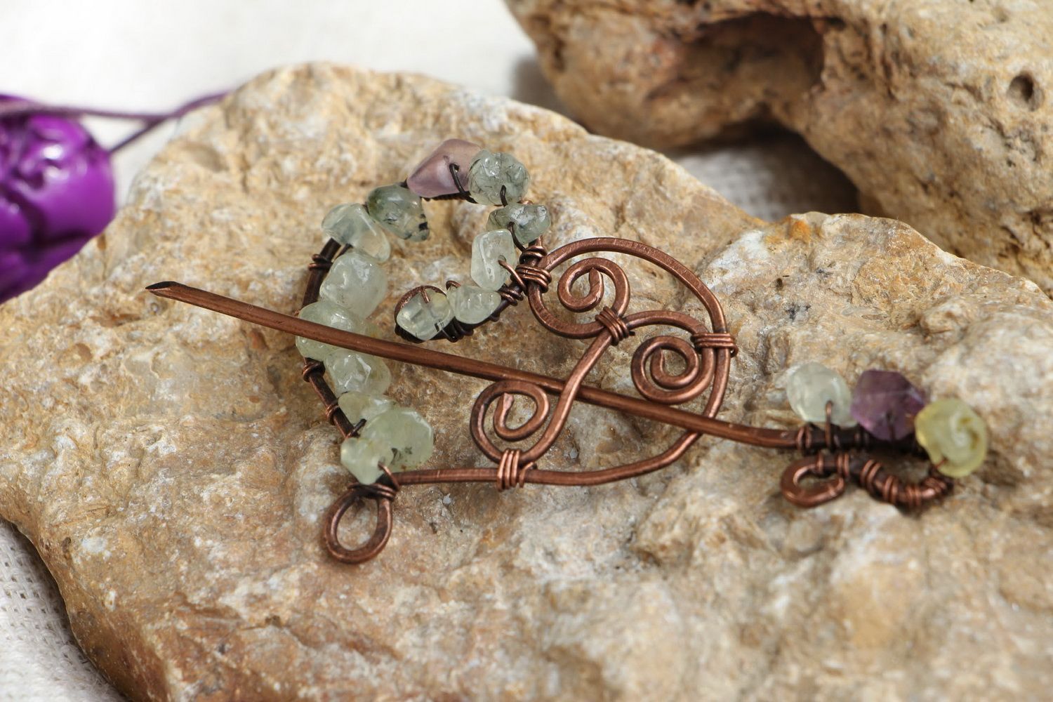Copper Brooch with Amethyst Heart photo 3