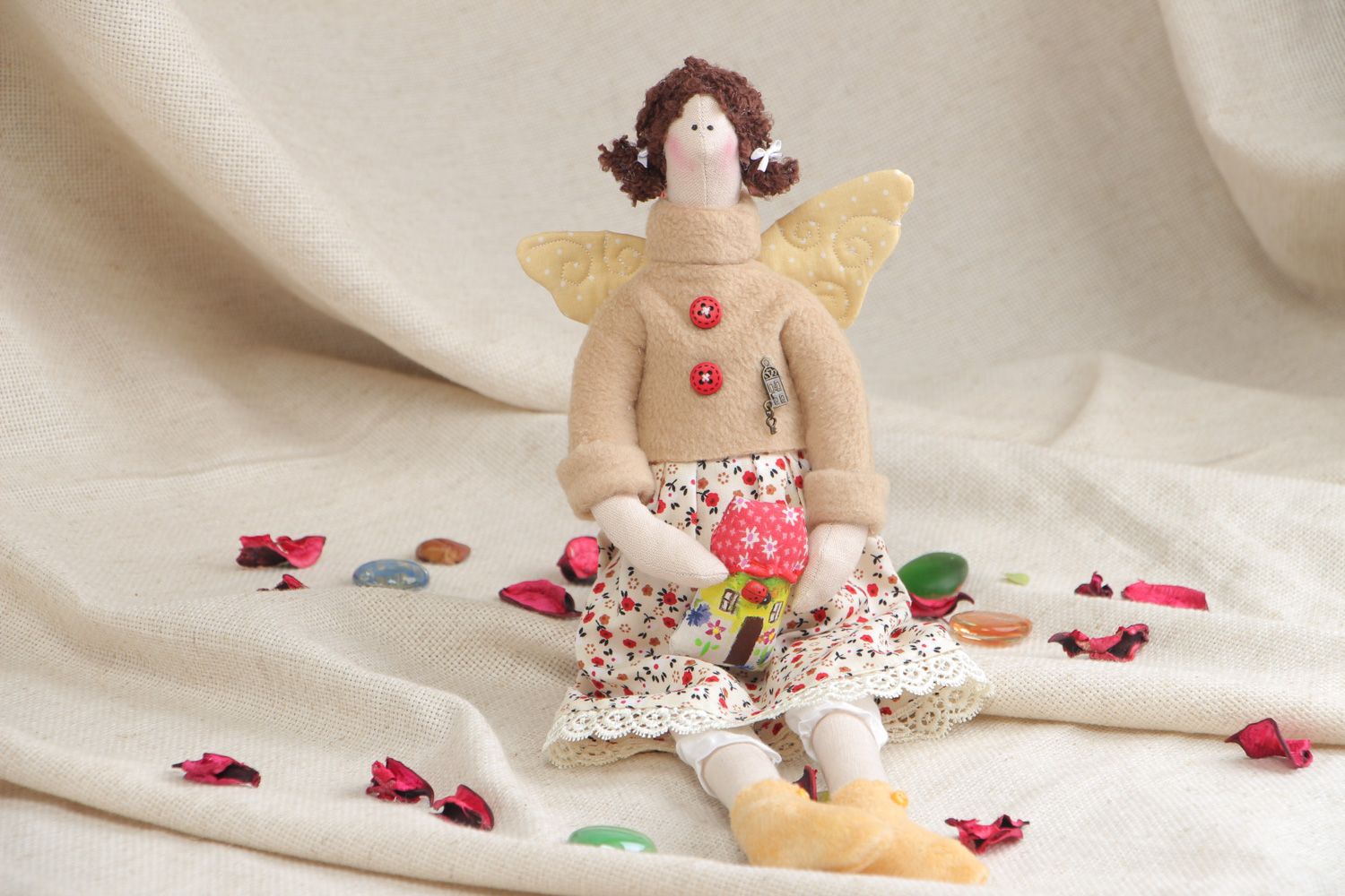 Homemade designer fabric soft doll Angel of Home Coziness photo 5