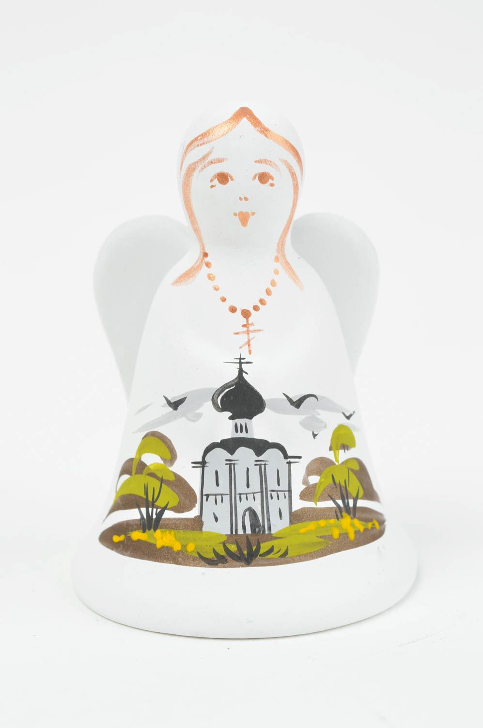 Глиняный колокольчик в виде ангела ручной работы расписной оригинальный белый фото 2